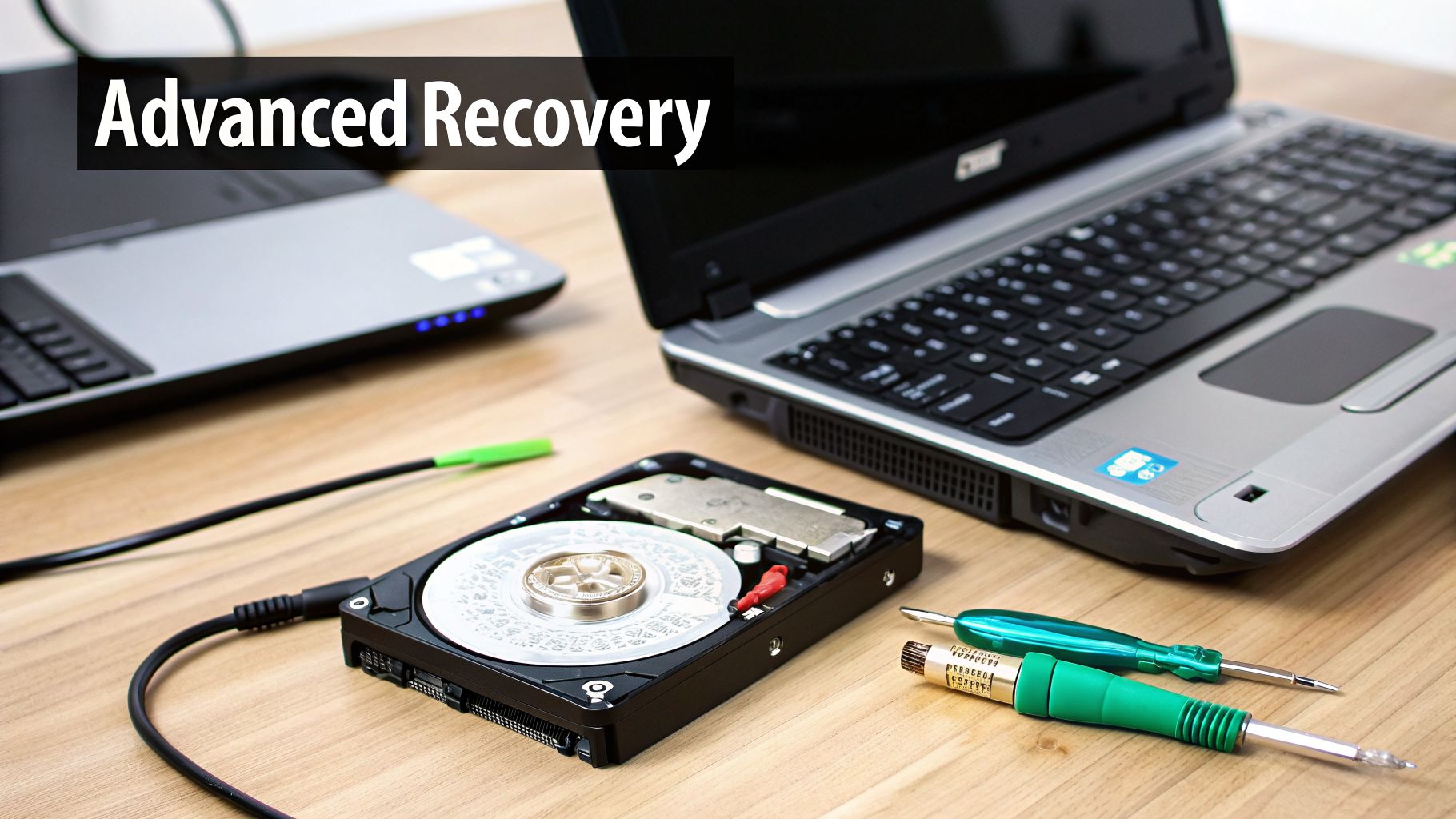 An open hard drive connected to a laptop, with another laptop and tools, for advanced data recovery.
