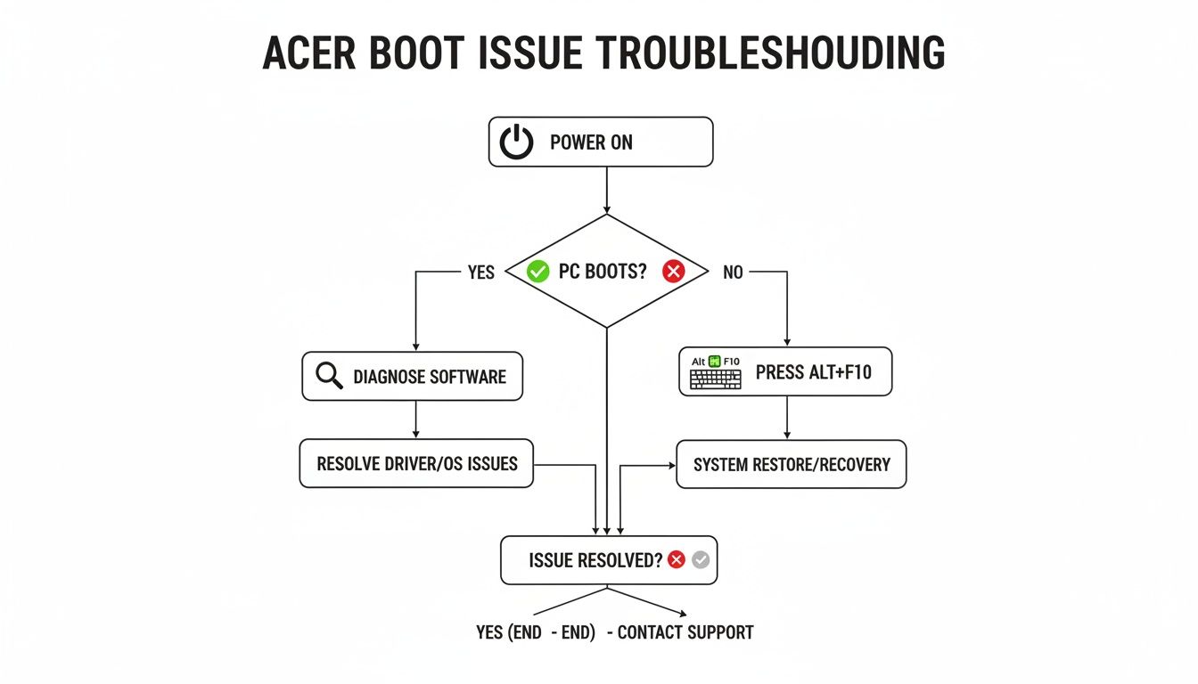 A flowchart illustrating Acer boot issue troubleshooting steps, guiding users from power on to resolution or support.