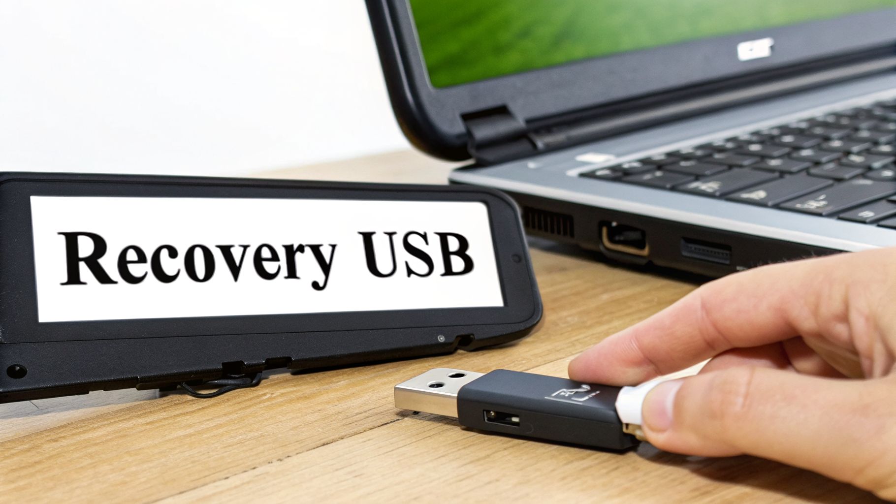A hand prepares to insert a USB drive, with 'Recovery USB' displayed on a screen, next to an Acer laptop.