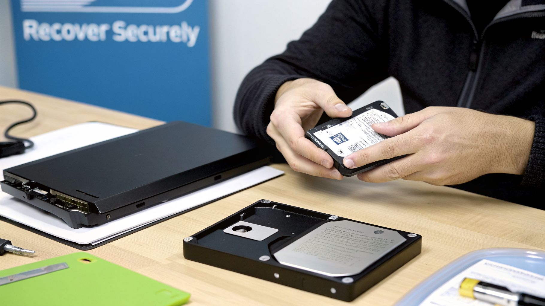 A technician recovers data from a laptop, holding a small hard drive while another is open on the table.
