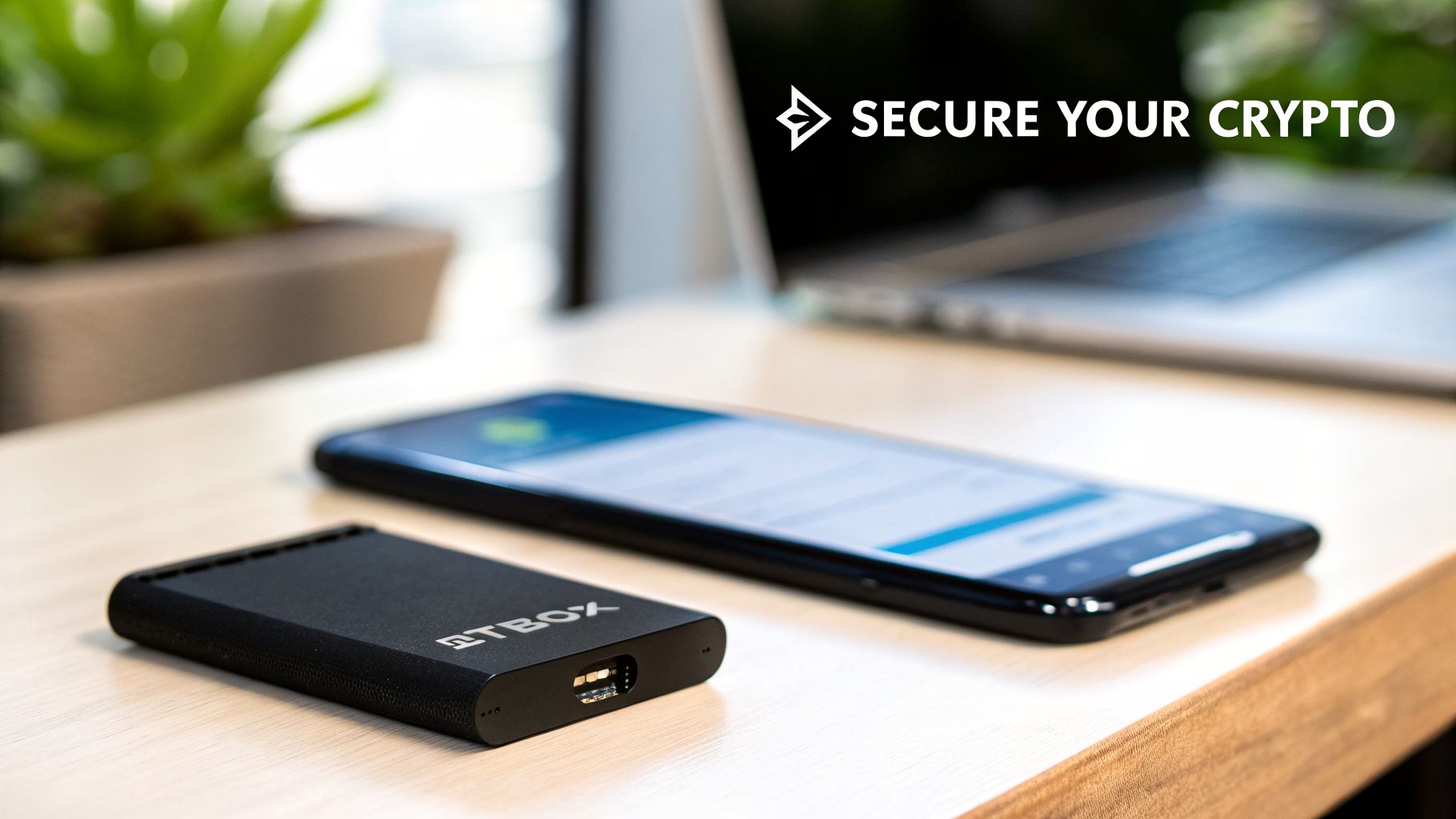 A black Bitbox hardware wallet and a smartphone on a desk, promoting secure crypto storage.