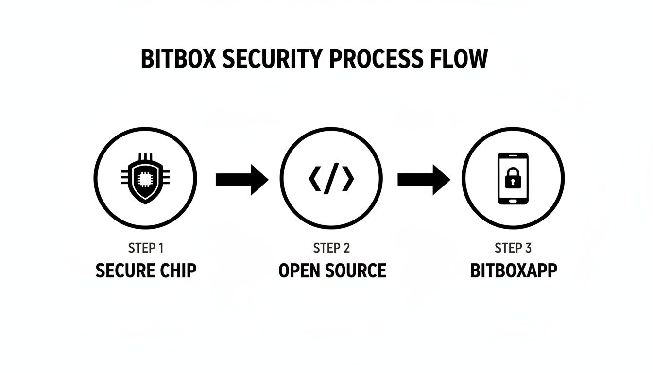 Bitbox security process flow showing secure chip, open-source code, and BitboxApp steps.