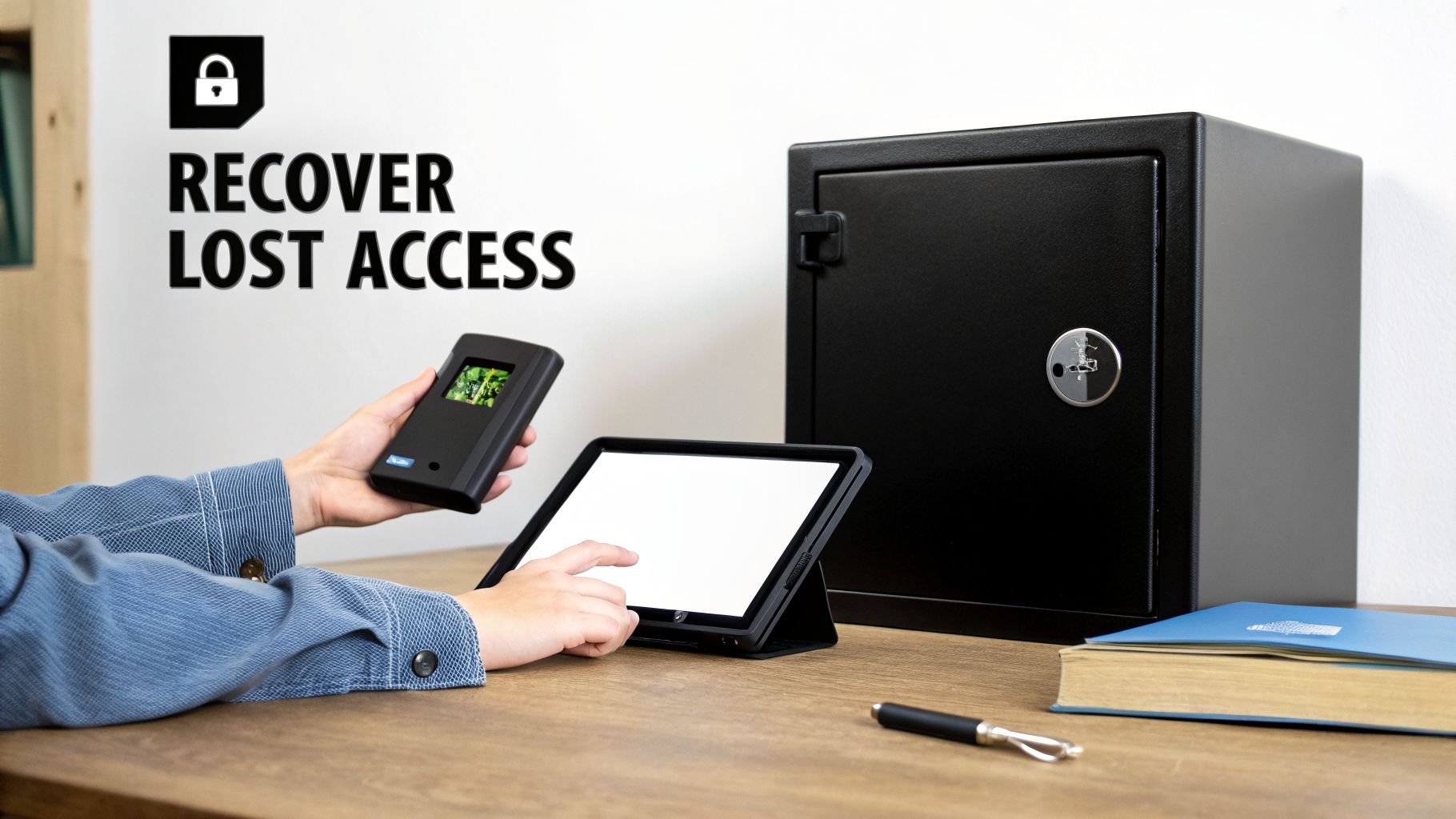 A person uses a handheld device and a tablet to recover lost access, with a black safe nearby on a wooden desk.
