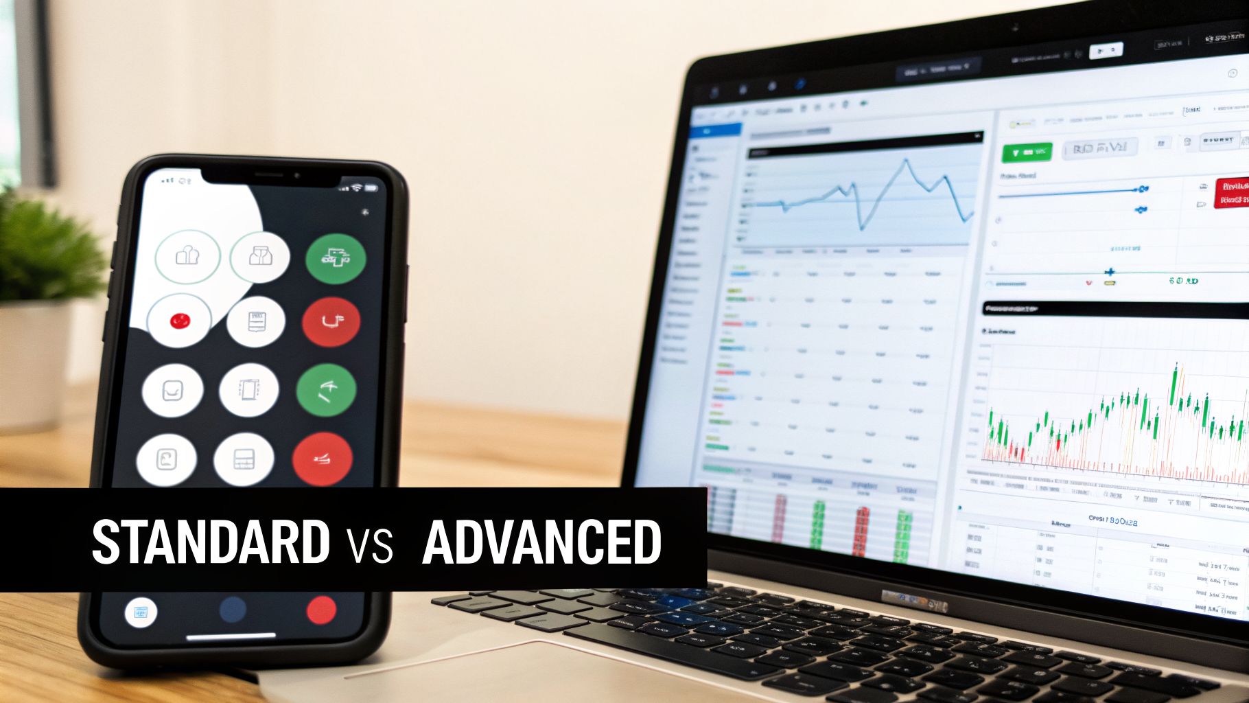 Smartphone with simple app next to a laptop displaying complex trading charts and data, comparing 'STANDARD vs ADVANCED'.