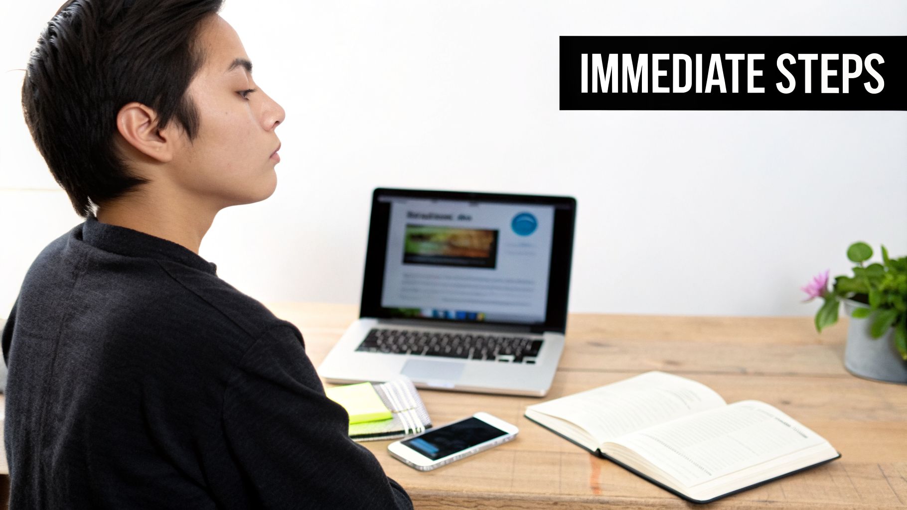 A young person sits at a desk with a laptop and book, looking contemplative. Text: IMMEDIATE STEPS.