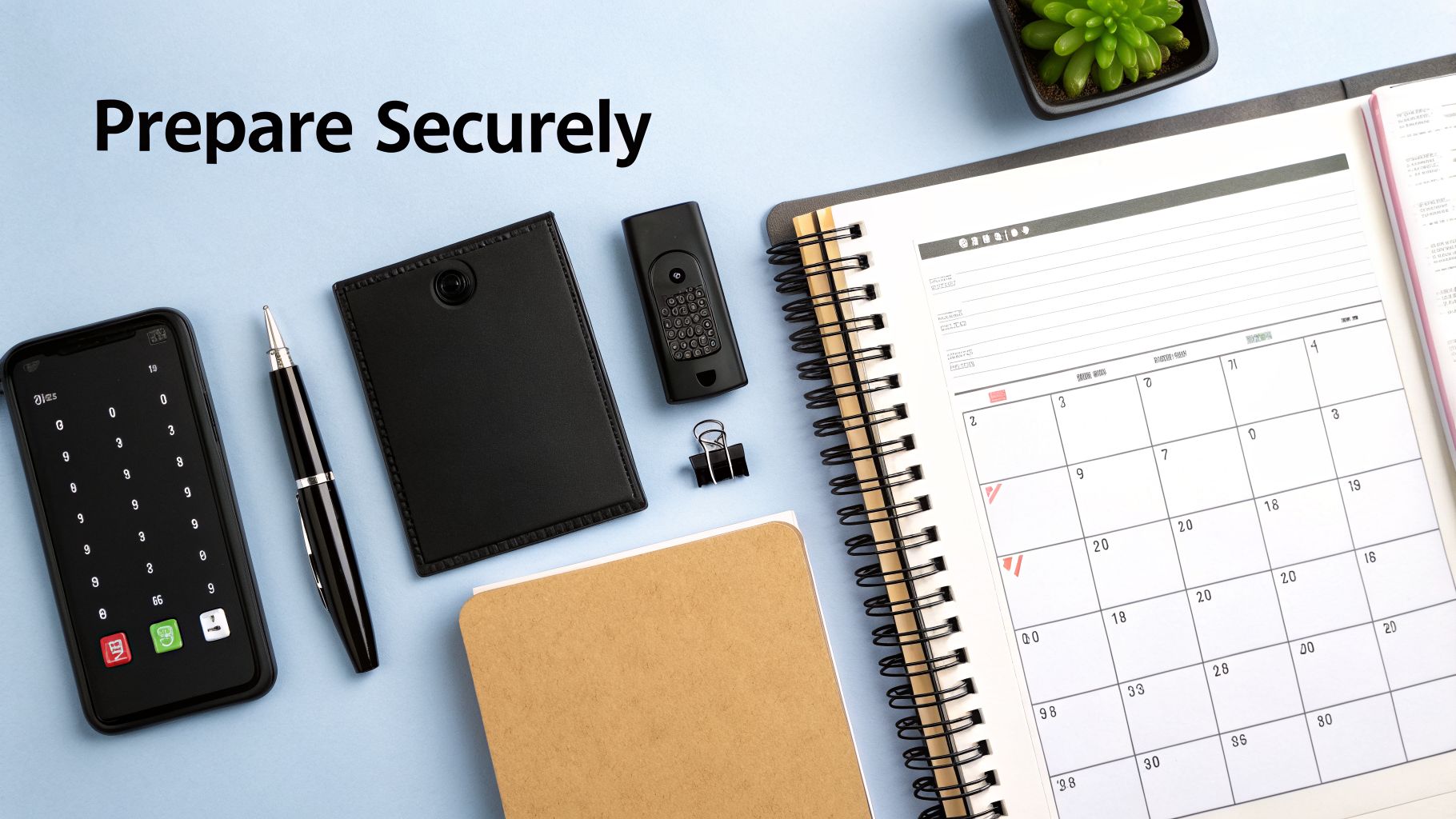 A flat lay of desk items including a calendar, smartphone, and security token for secure preparation.