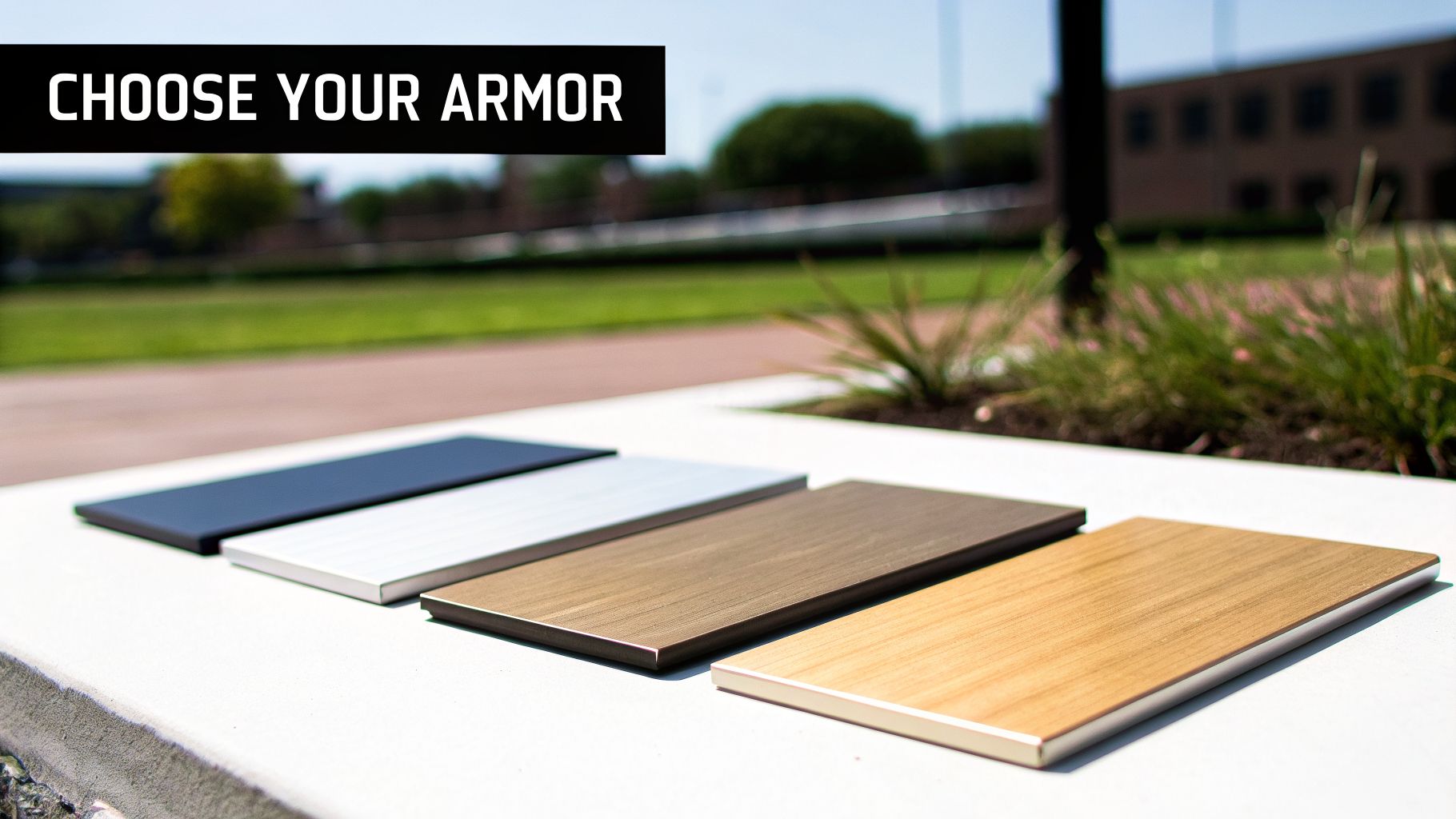Four rectangular plates in different finishes: dark blue, silver, bronze, and wood, presented as 'armor' options.