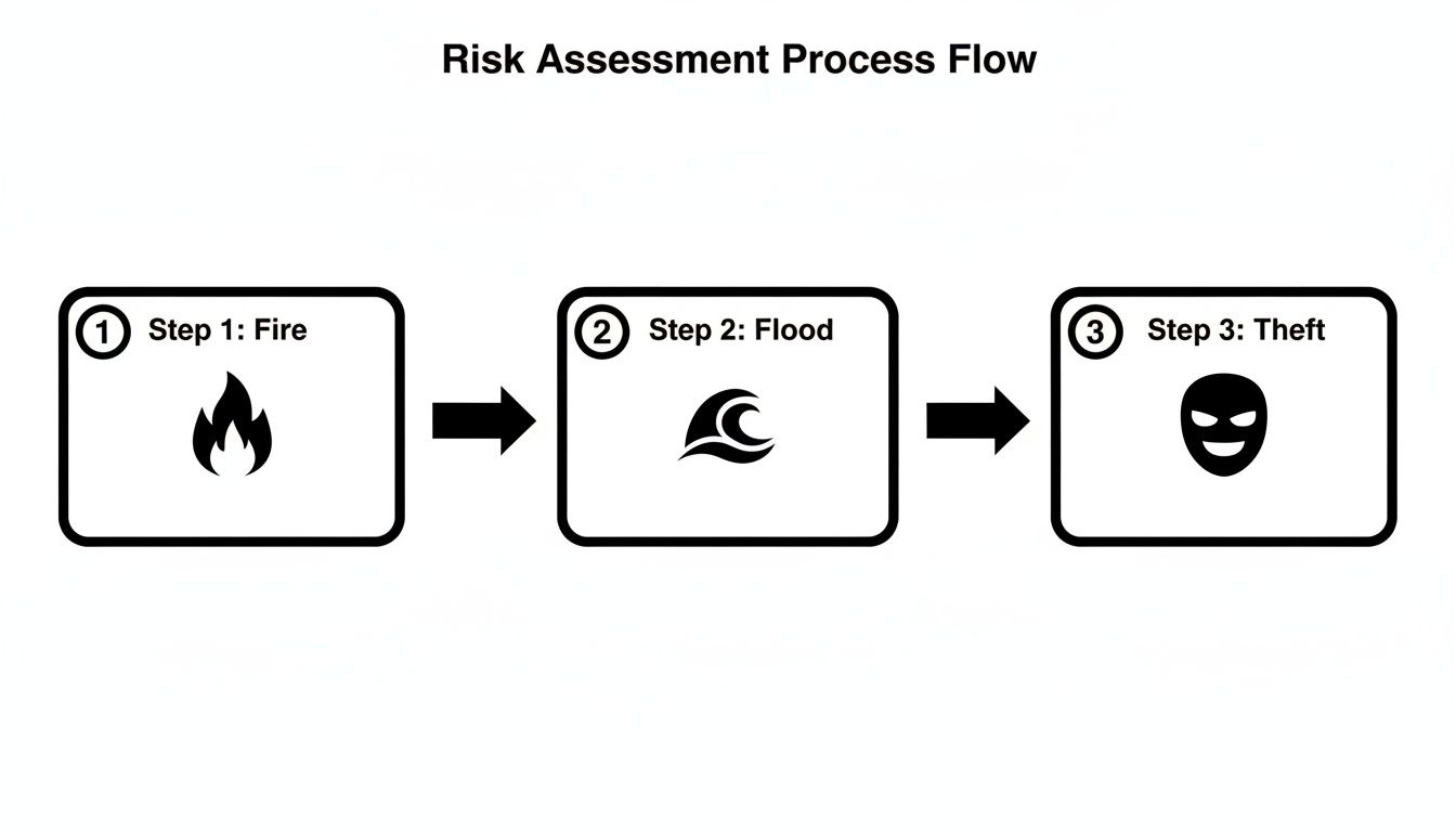 A flow chart illustrating a risk assessment process with three steps: fire, flood, and theft.