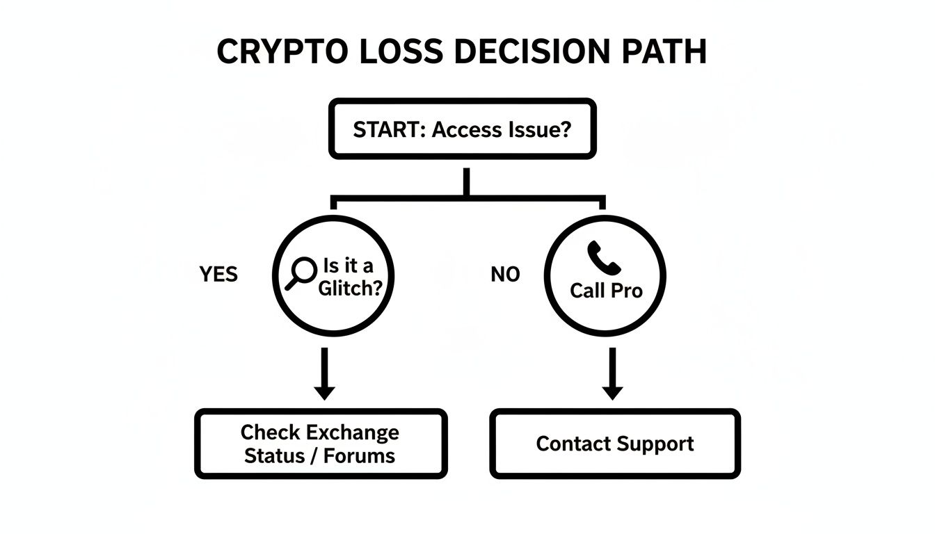 A flowchart titled 'Crypto Loss Decision Path' guiding users through troubleshooting access issues and glitches.