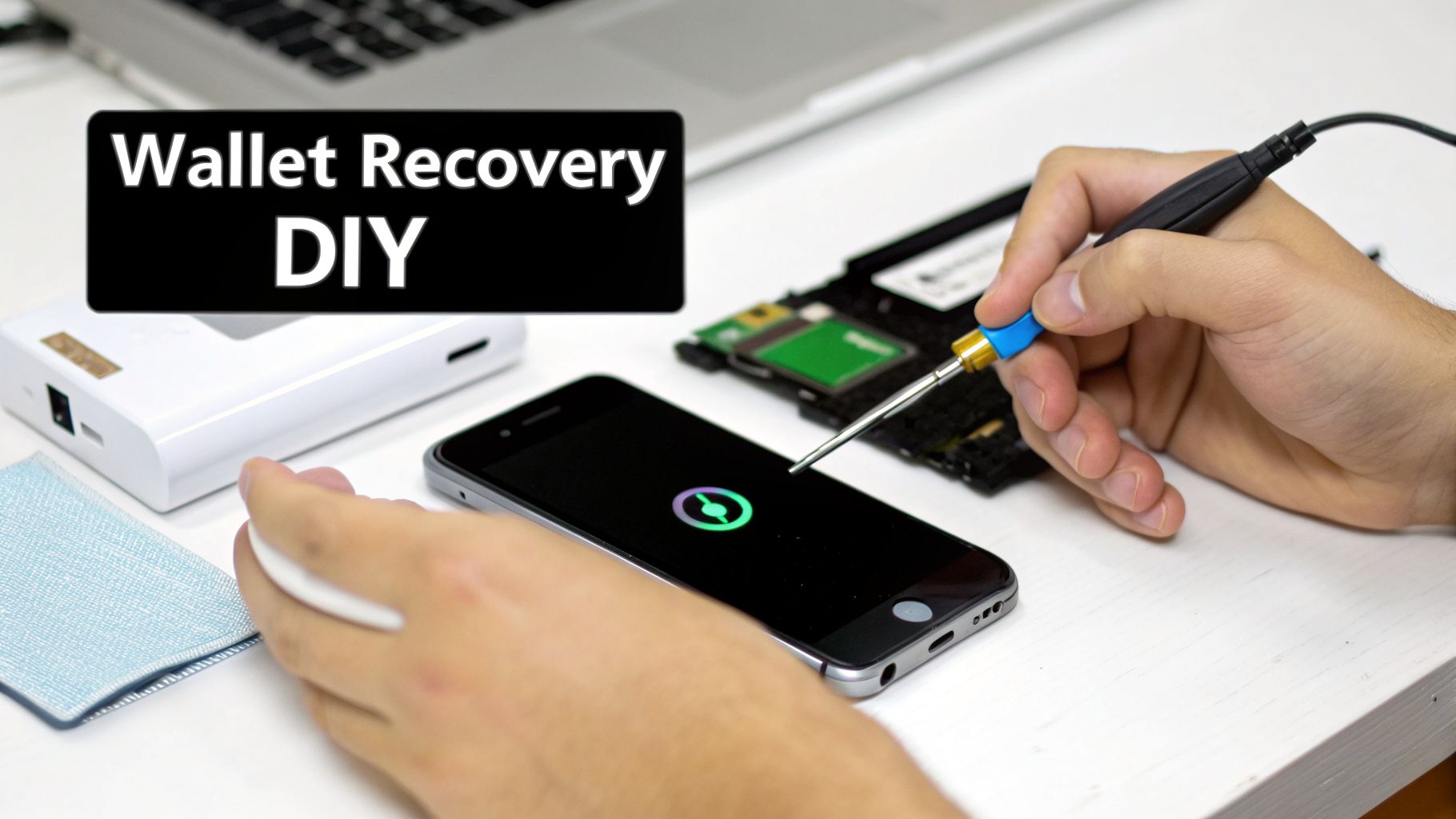 A person attempts DIY wallet data recovery, using a soldering iron on a phone with a recovery screen.