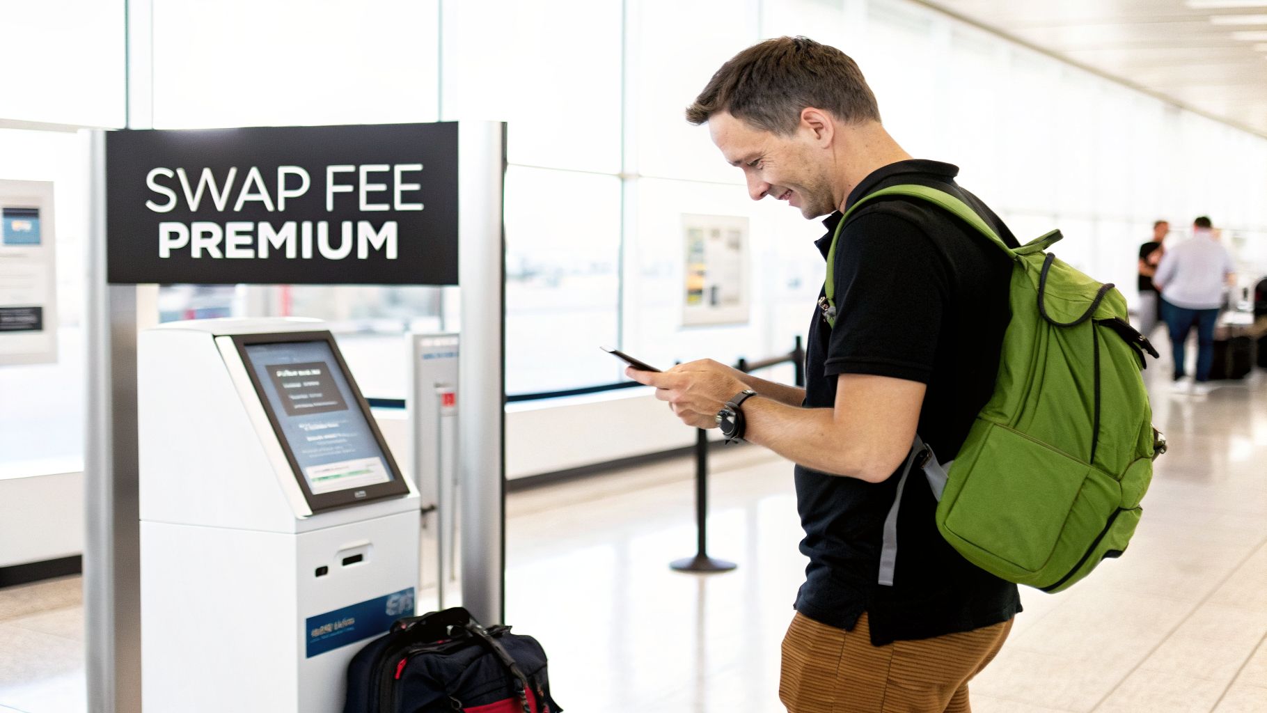 A smiling man uses his phone next to a "SWAP FEE PREMIUM" self-service kiosk at an airport.