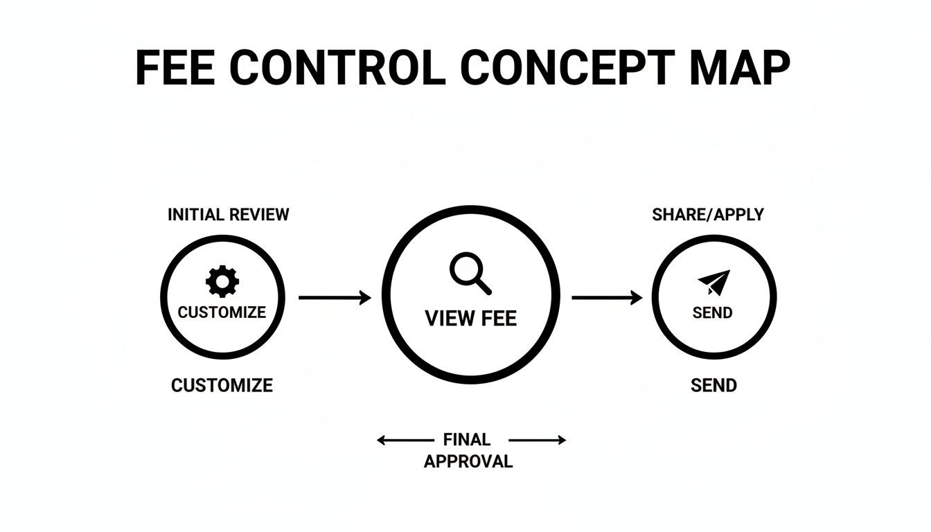 A flowchart titled "Fee Control Concept Map" detailing steps: Customize, View Fee, Send, and Final Approval.