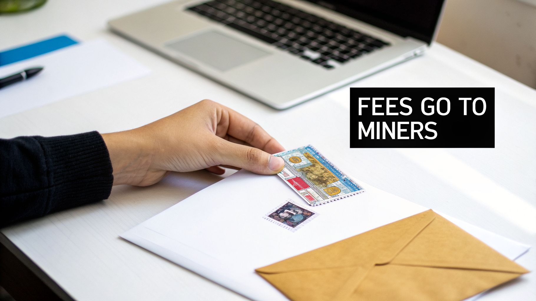 A hand places a postage stamp on an envelope, next to another stamp, with "FEES GO TO MINERS" text.