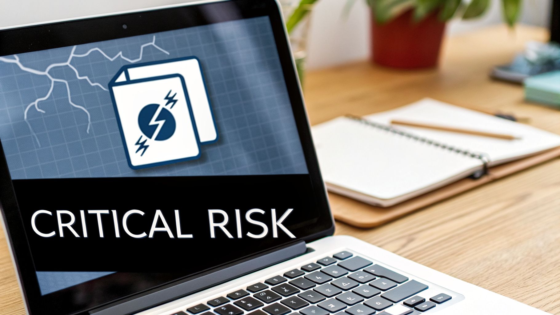Close-up of a laptop screen displaying 'CRITICAL RISK' text and a broken lightning bolt icon.