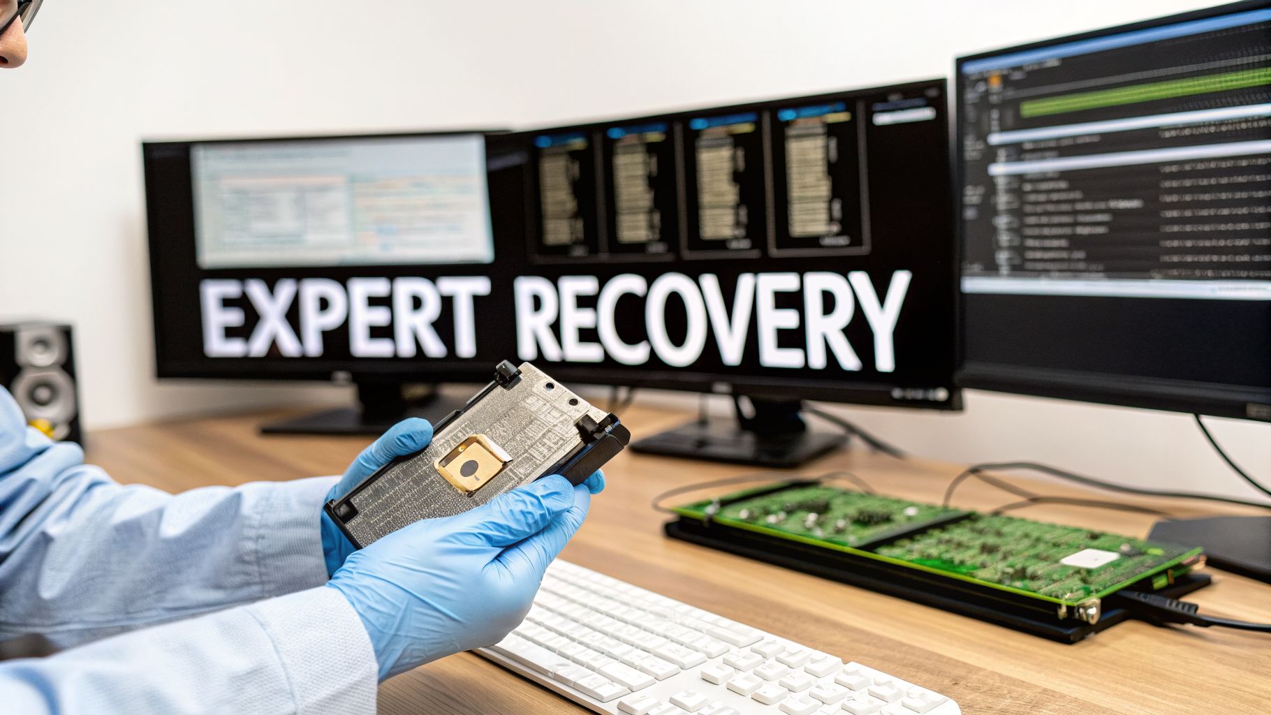 Technician in gloves holding electronic device, with 'EXPERT RECOVERY' displayed on multiple monitors.