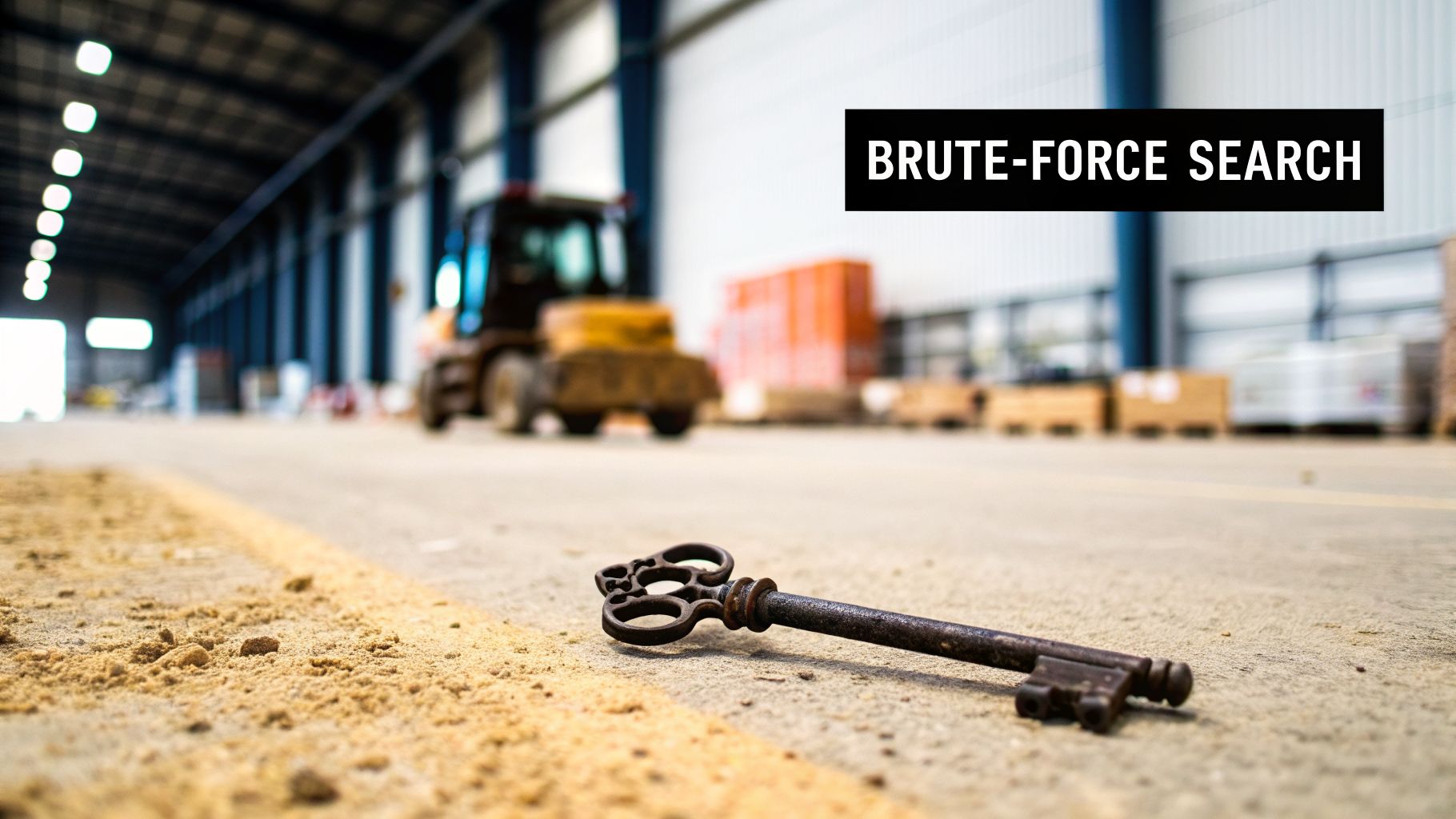 An old rusty key lying on a concrete floor in a large, blurry warehouse setting.