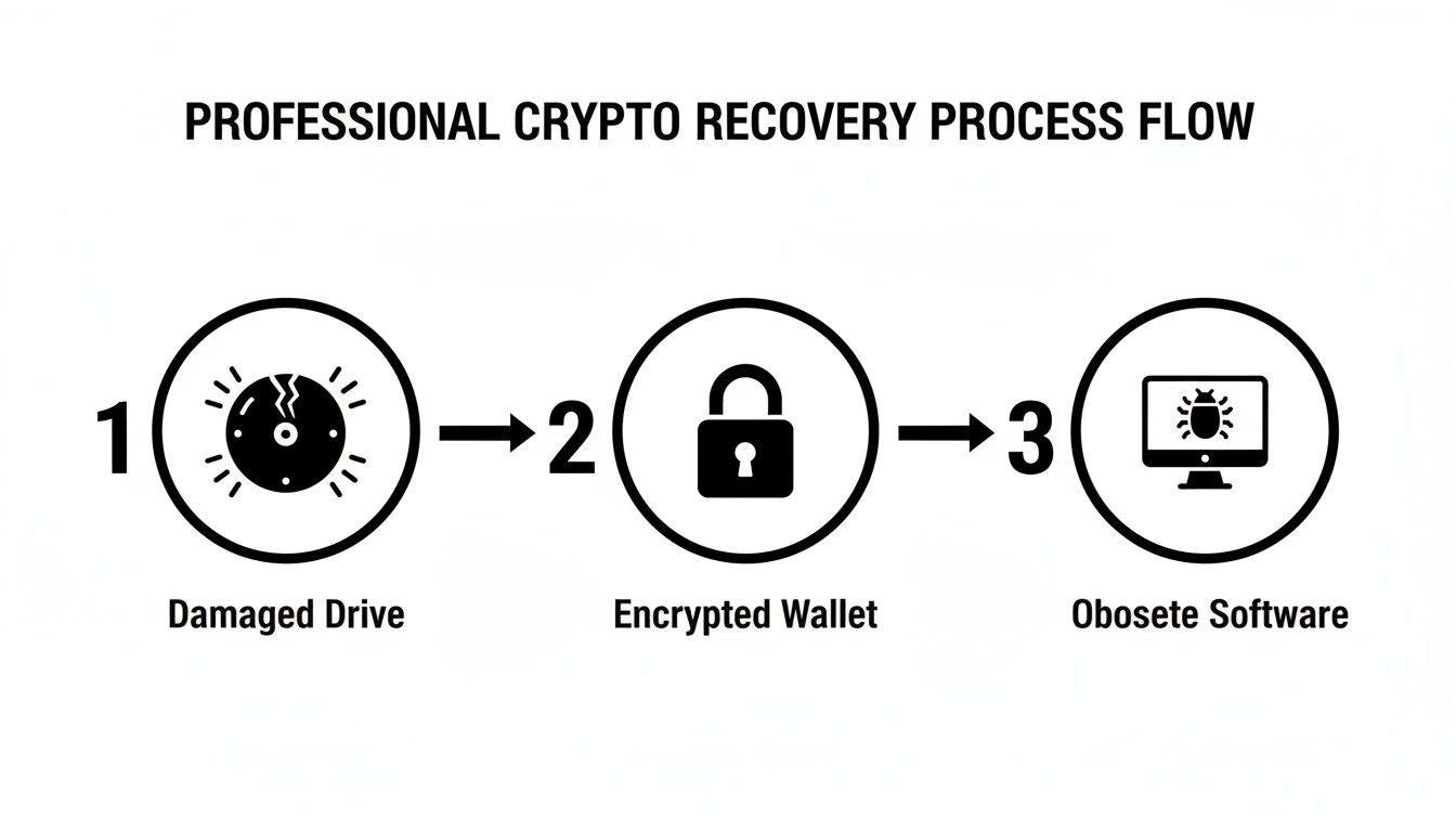 Flowchart illustrating a professional crypto recovery process, including a damaged drive, encrypted wallet, and obsolete software.