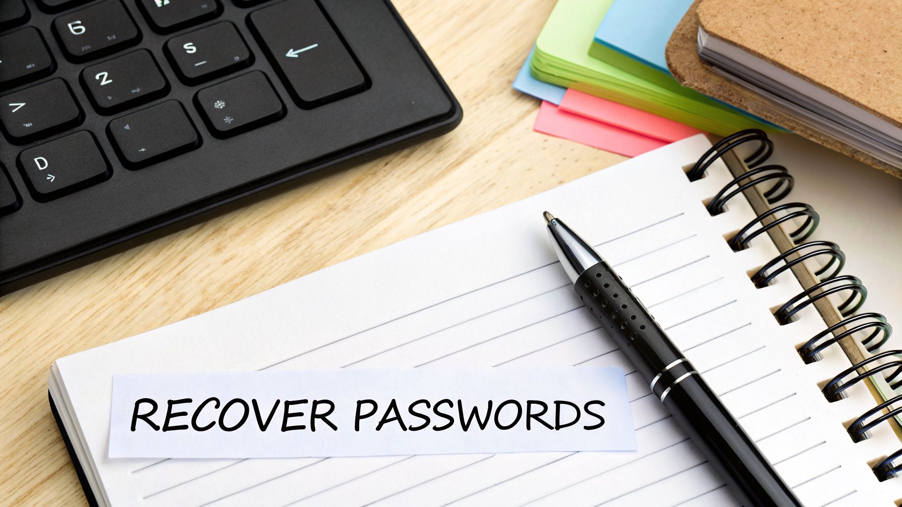 A note saying 'RECOVER PASSWORDS' on a spiral notebook with a pen, keyboard, and sticky notes on a wooden desk.