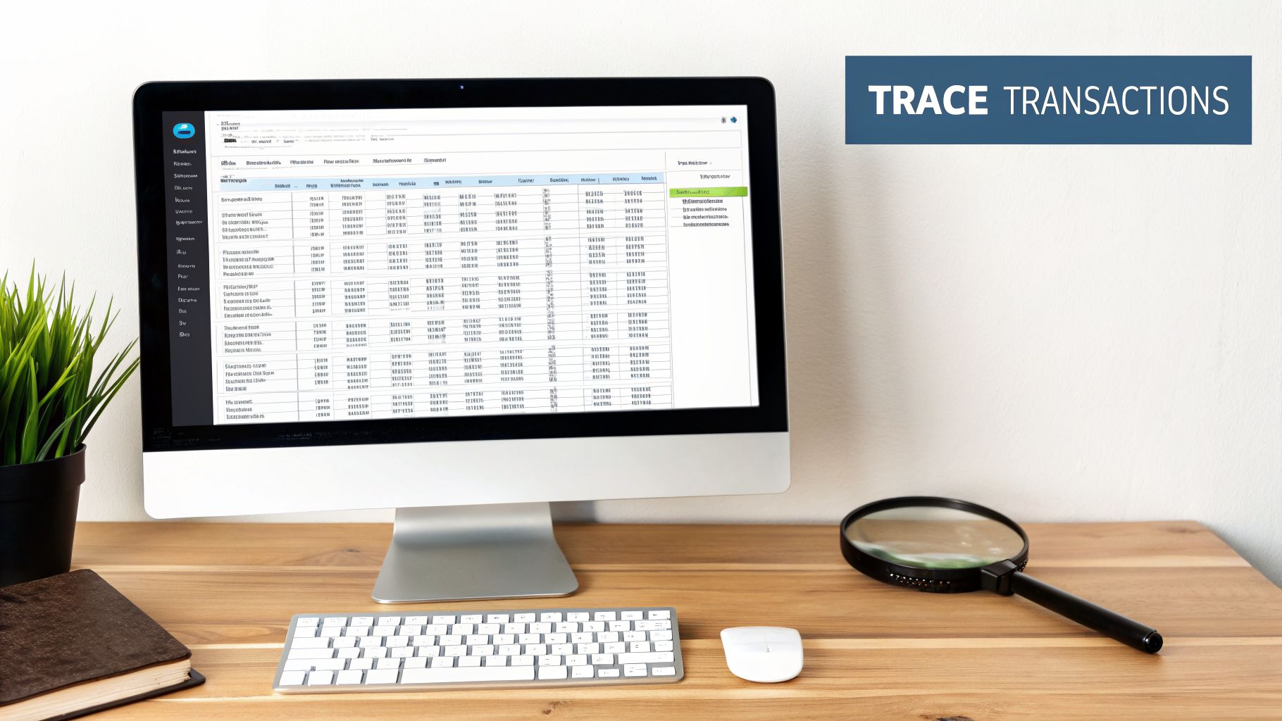A desktop computer displays transaction tracing software on a wooden desk with office tools.