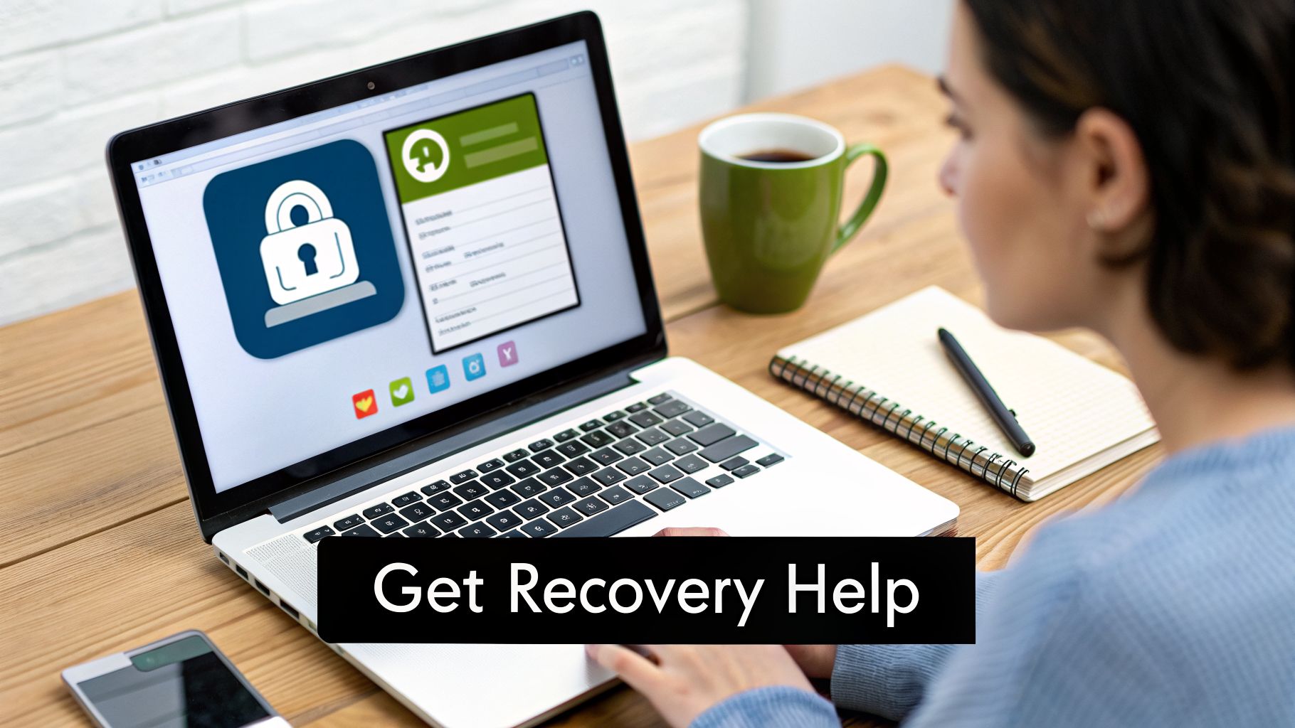A person uses a laptop displaying a security recovery interface with a padlock icon, seeking help.