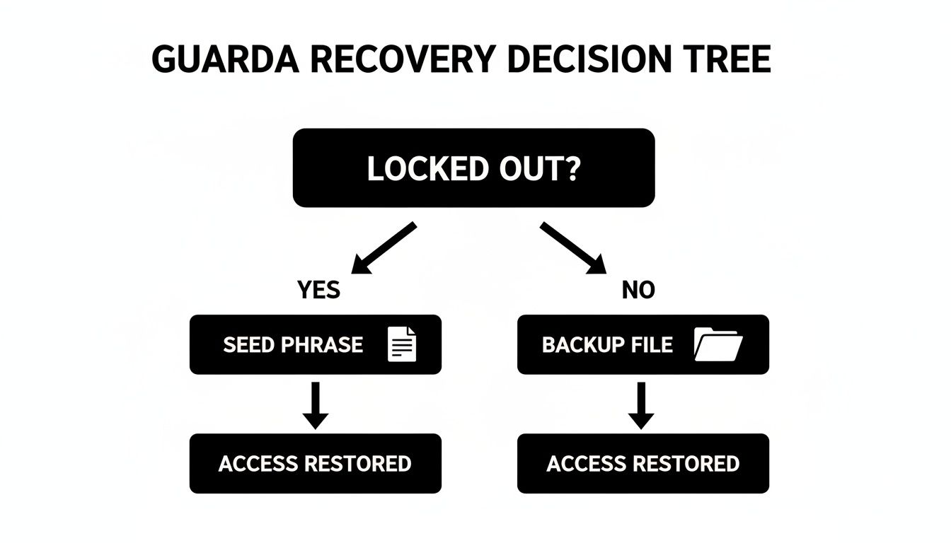 Flowchart illustrating Guarda wallet recovery options: seed phrase or backup file, both restore access.