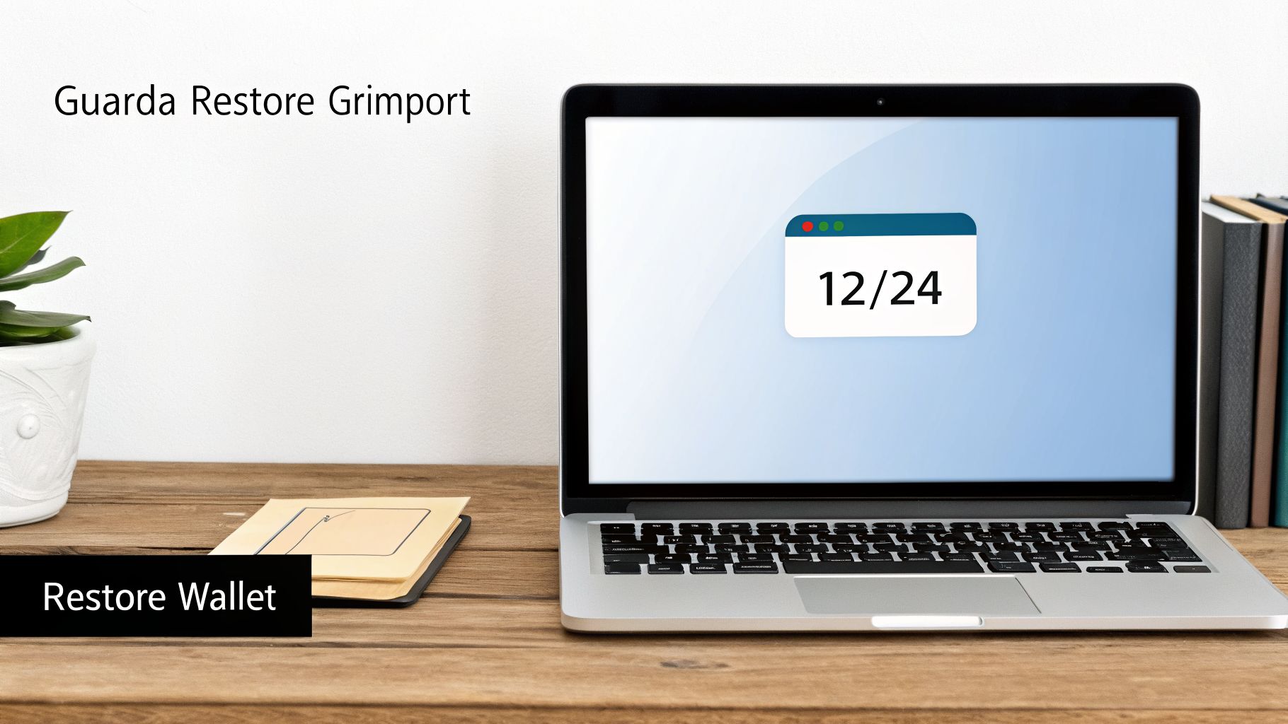 A laptop on a wooden desk showing a calendar icon, with text 'Guarda Restore Grimport' and 'Restore Wallet'.
