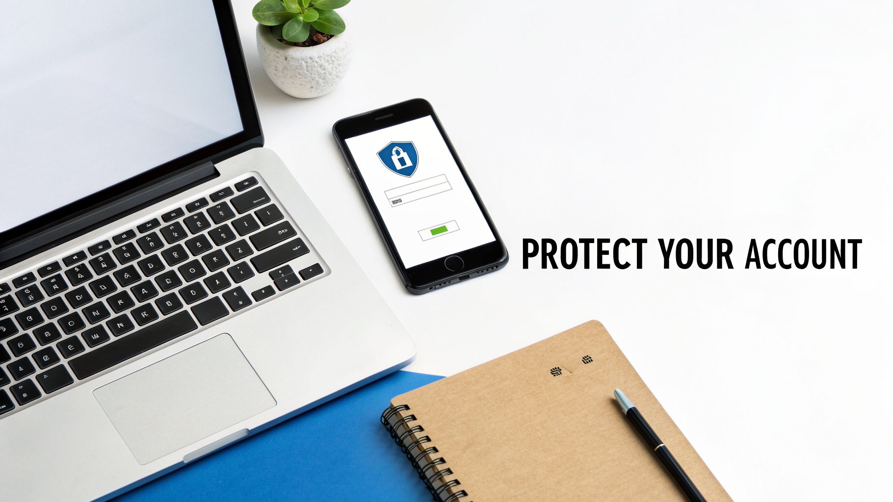 Overhead view of a laptop, smartphone showing a secure login, and 'Protect Your Account' text.