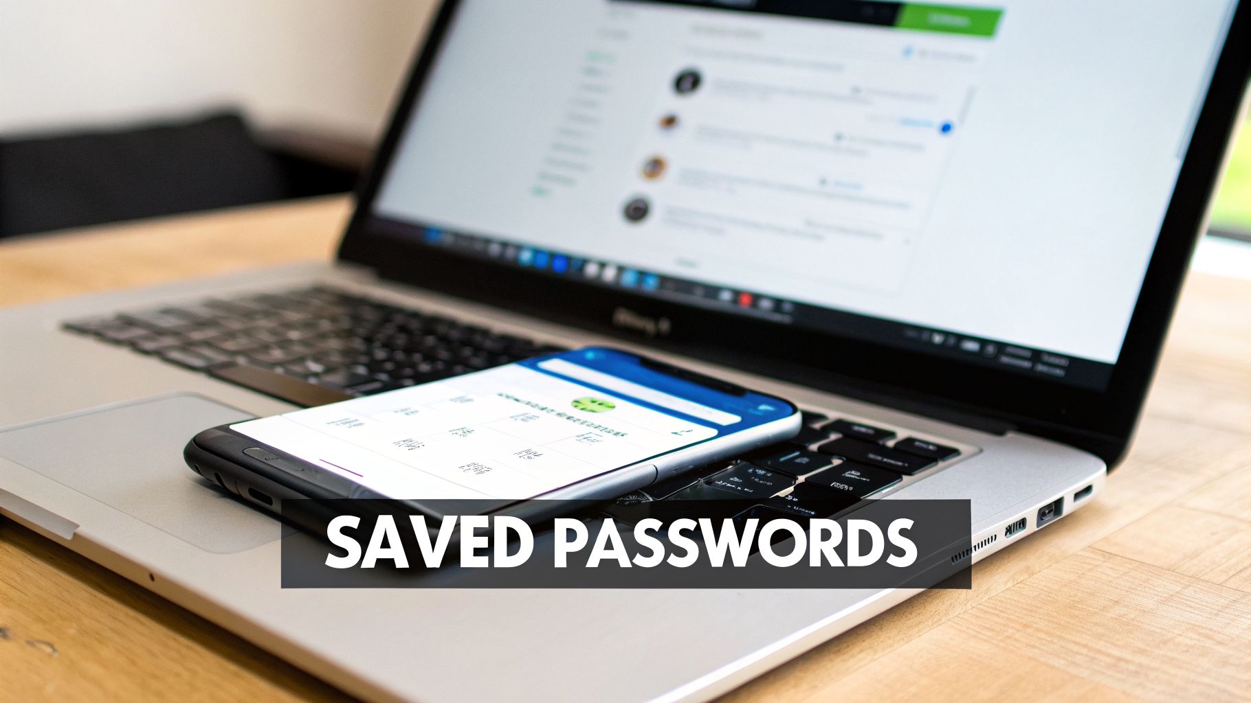 Smartphone displaying saved passwords on a laptop keyboard, illustrating digital security and account management.