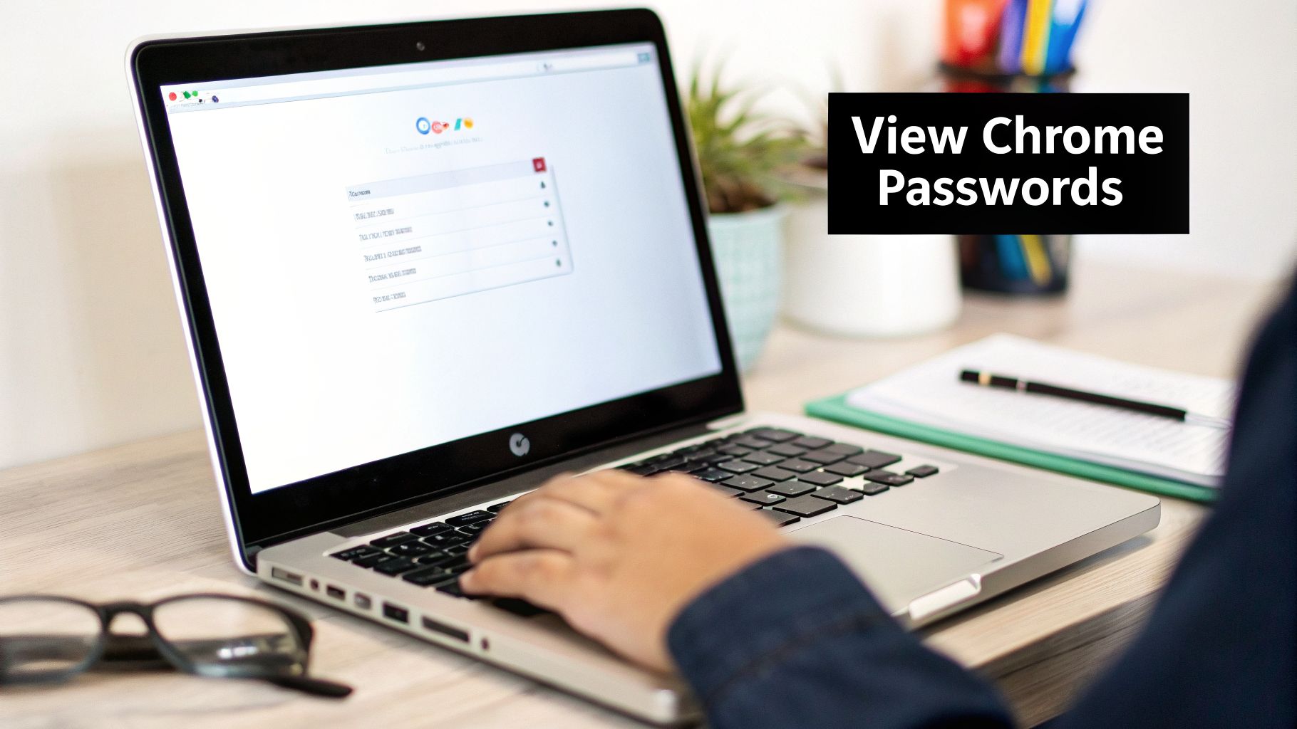 A person types on a laptop displaying a webpage related to viewing Chrome passwords.