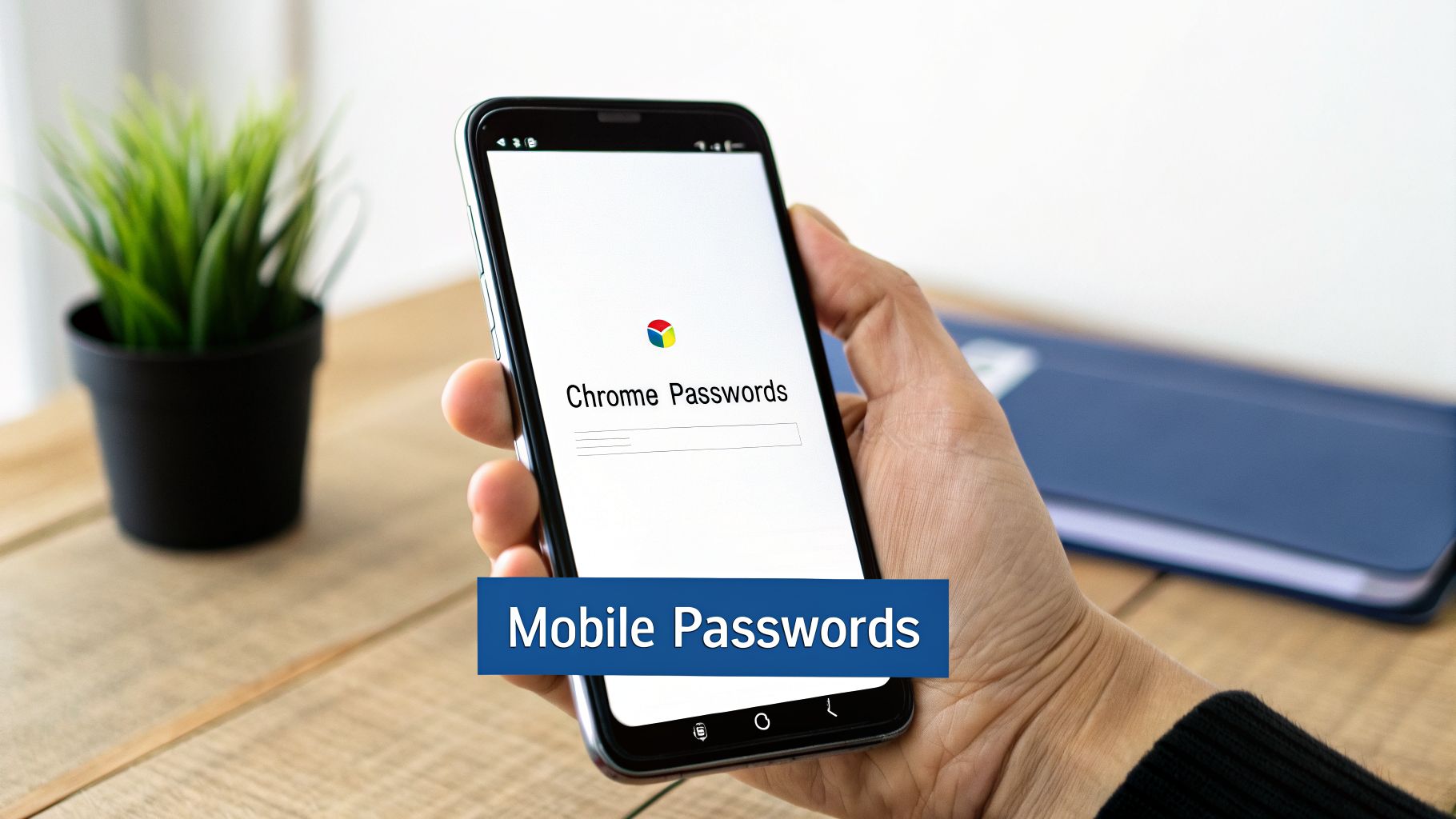 A hand holding a smartphone displaying the 'Chrome Passwords' screen for mobile access.