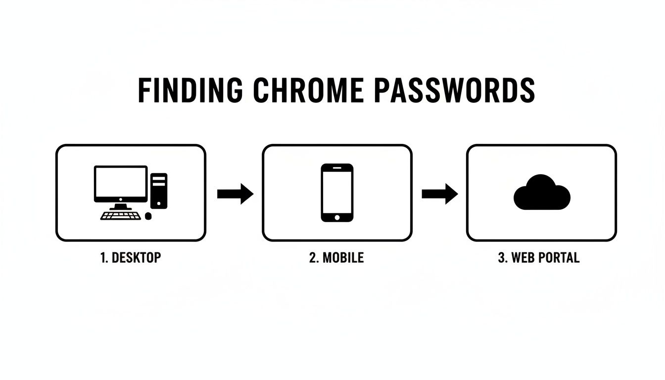 Diagram showing how to find Chrome passwords on desktop, mobile, and web portal.