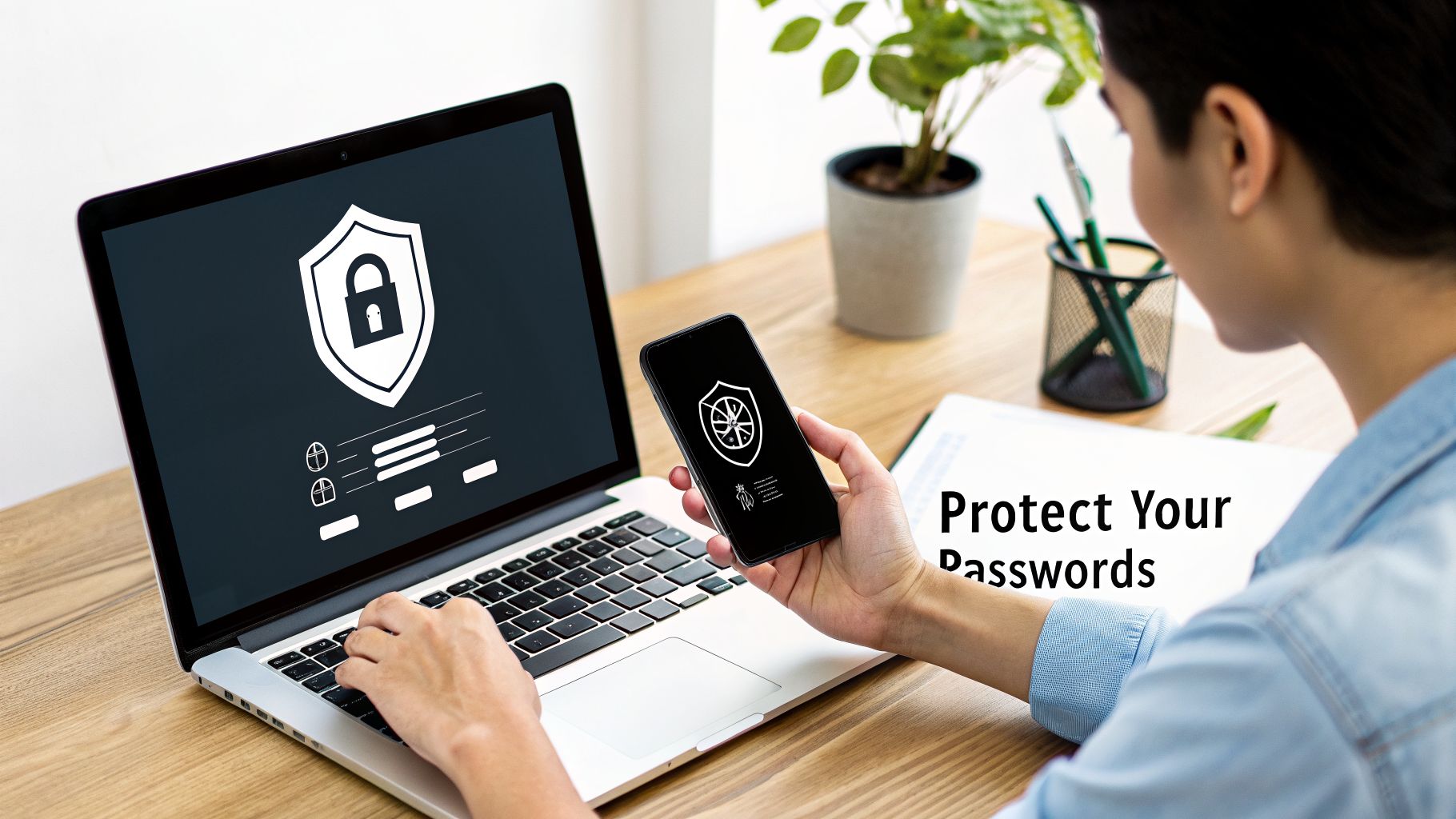 A person uses a laptop and smartphone, both showing security icons, emphasizing password protection.