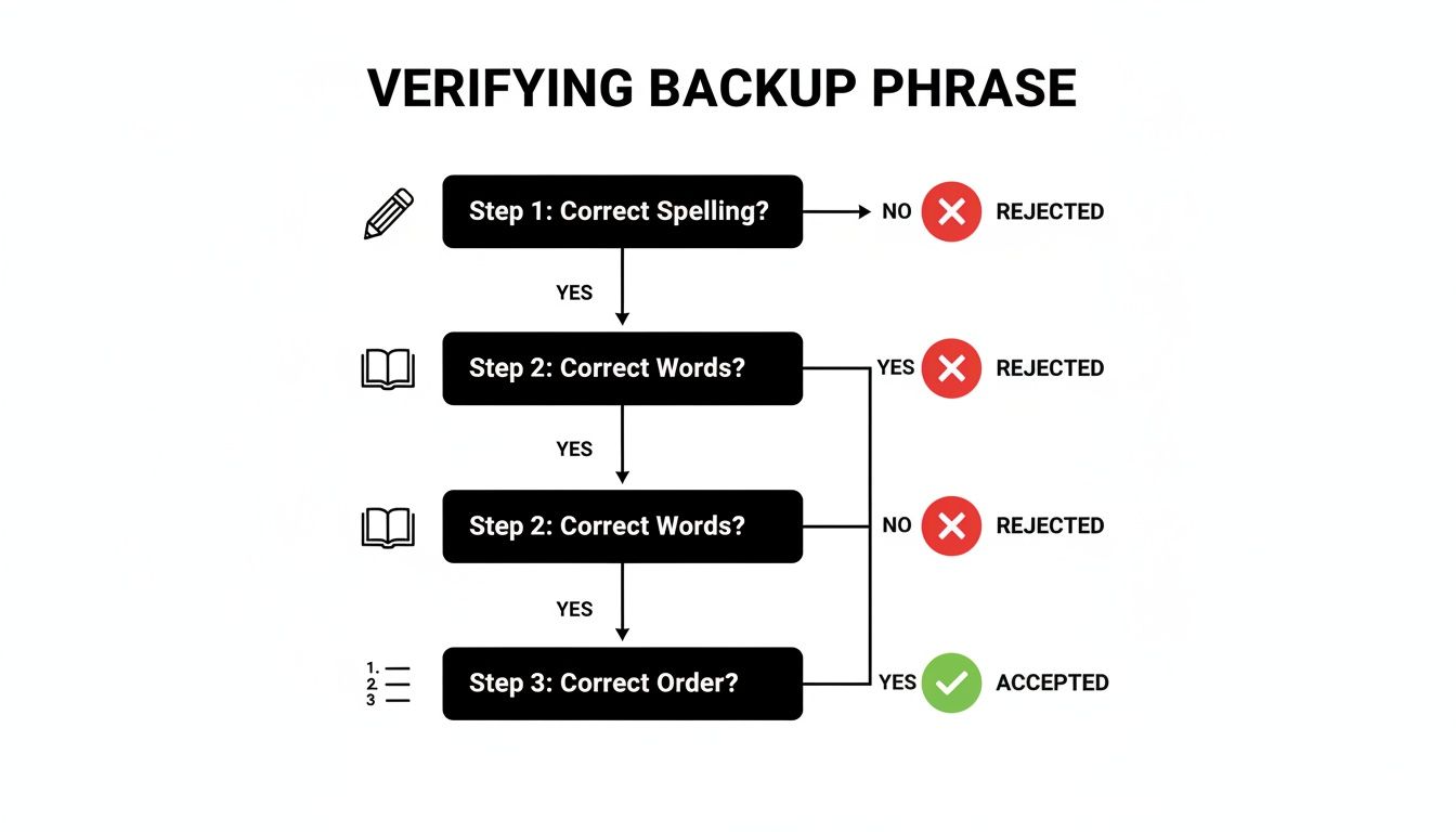 Flowchart detailing the verification steps for a backup phrase, checking spelling, words, and order to accept or reject.
