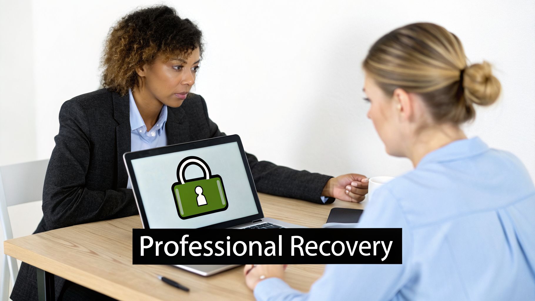 Two businesswomen discussing professional recovery, with a laptop showing a security padlock icon.