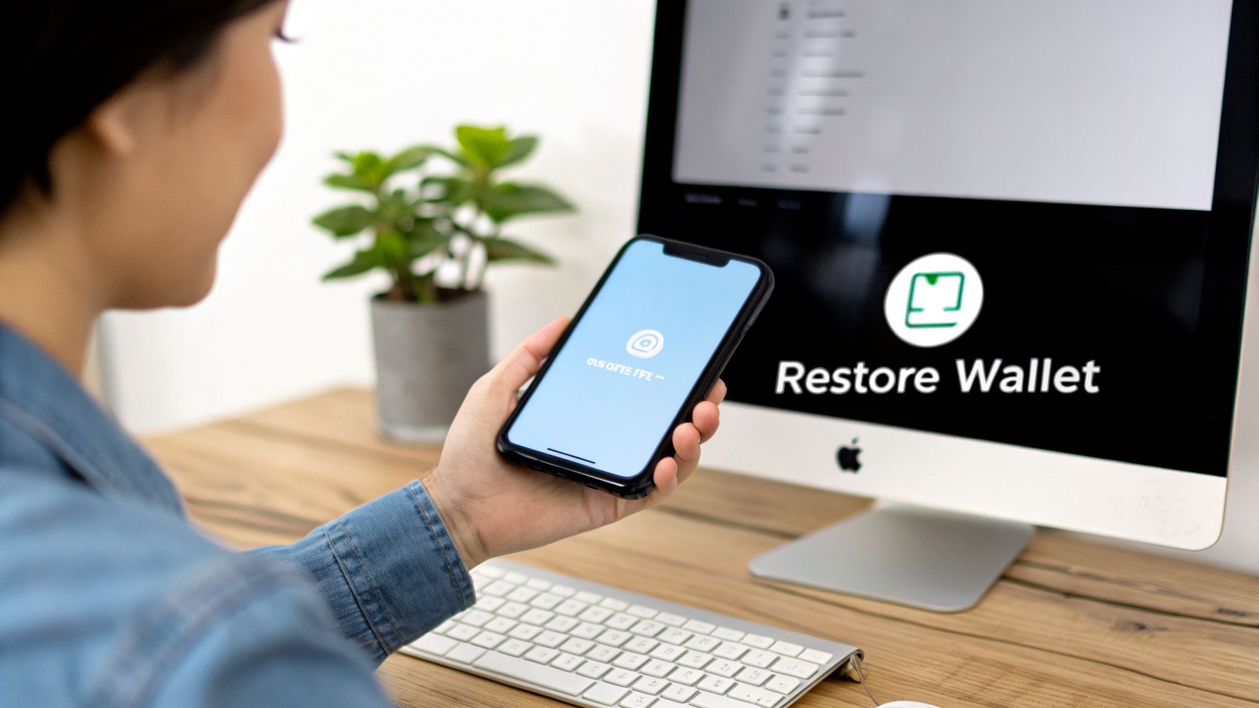 A person holds a smartphone showing a digital wallet app, while a computer screen displays 'Restore Wallet'.