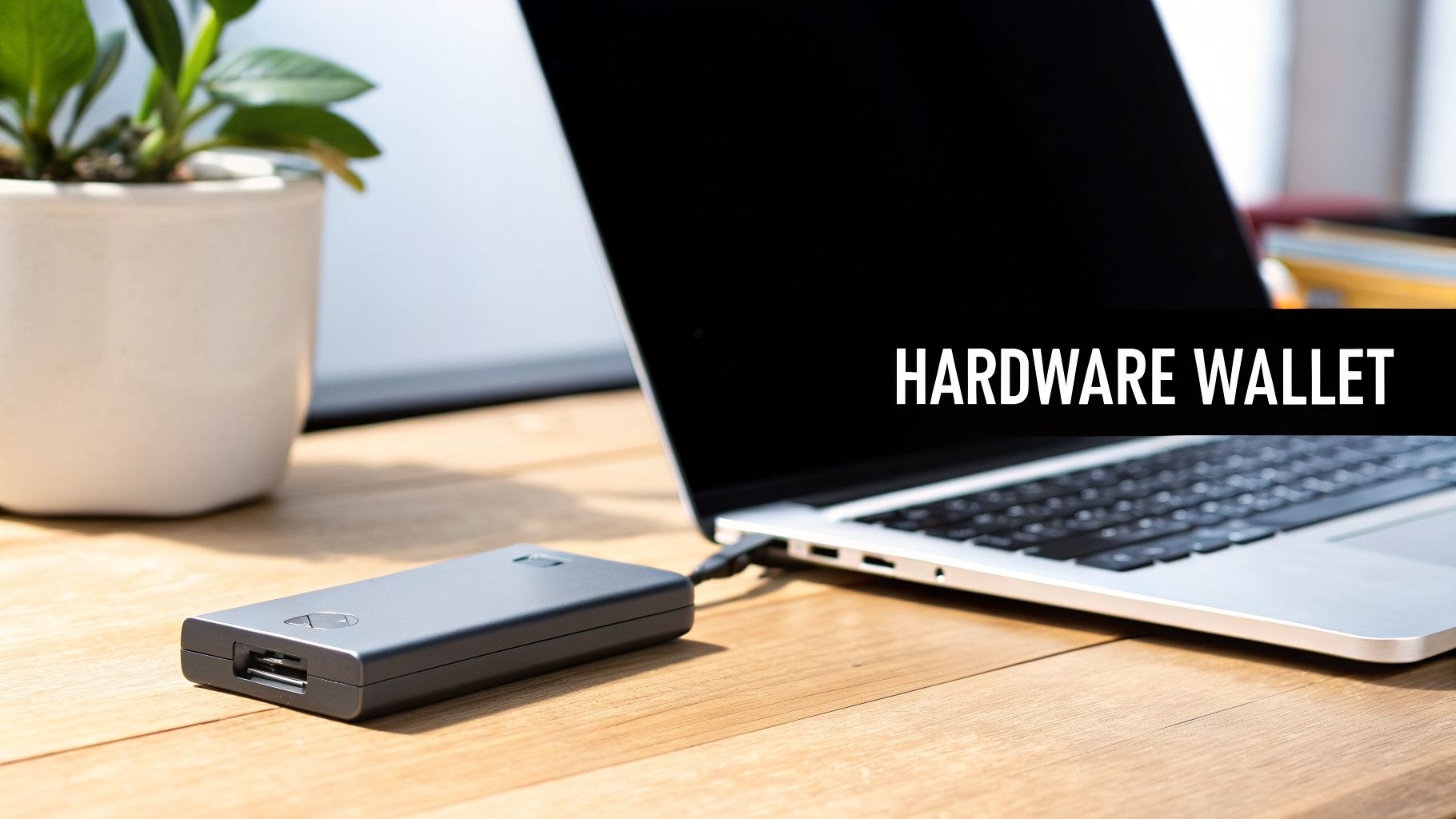 A KeepKey hardware wallet connected to a laptop on a wooden desk, with a plant.