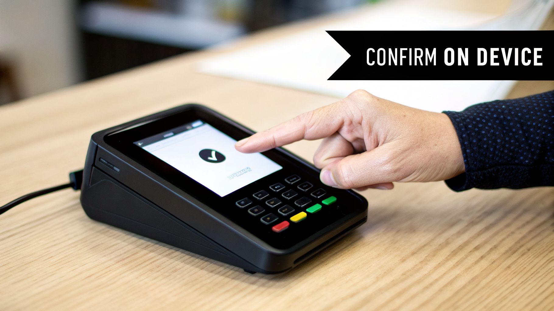 A hand confirms a transaction on a sleek black payment terminal with a green checkmark on its screen.