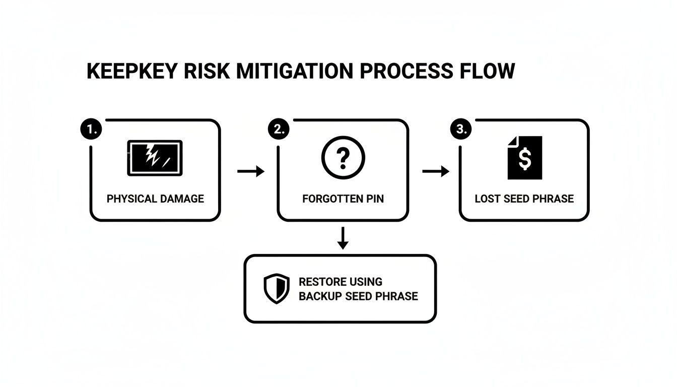 Flowchart showing KeepKey risk mitigation for physical damage, forgotten PIN, and lost seed phrase.