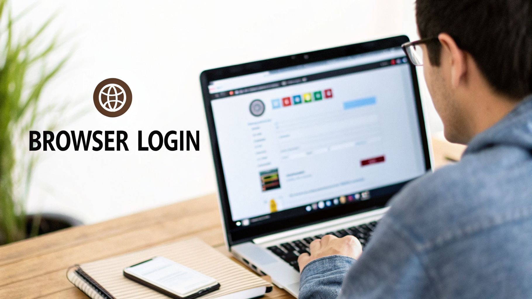 A person is using a laptop to log into a browser, with a smartphone and notebook on the table.