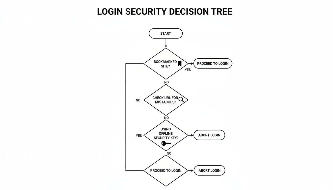 A flowchart demonstrating a login security decision tree with steps to verify site authenticity before proceeding.