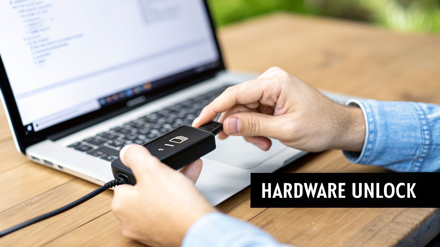 Person's hands holding a black hardware security key near a laptop, possibly for secure login.