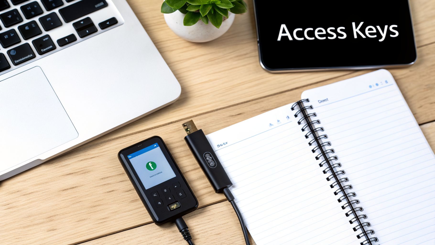 A flat lay of a desk featuring a laptop, hardware security key, notebook, and a tablet showing 'Access Keys'.
