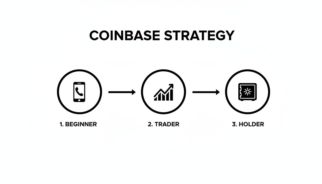 Flowchart illustrating the Coinbase strategy with three stages: beginner, trader, and holder, depicted with icons.