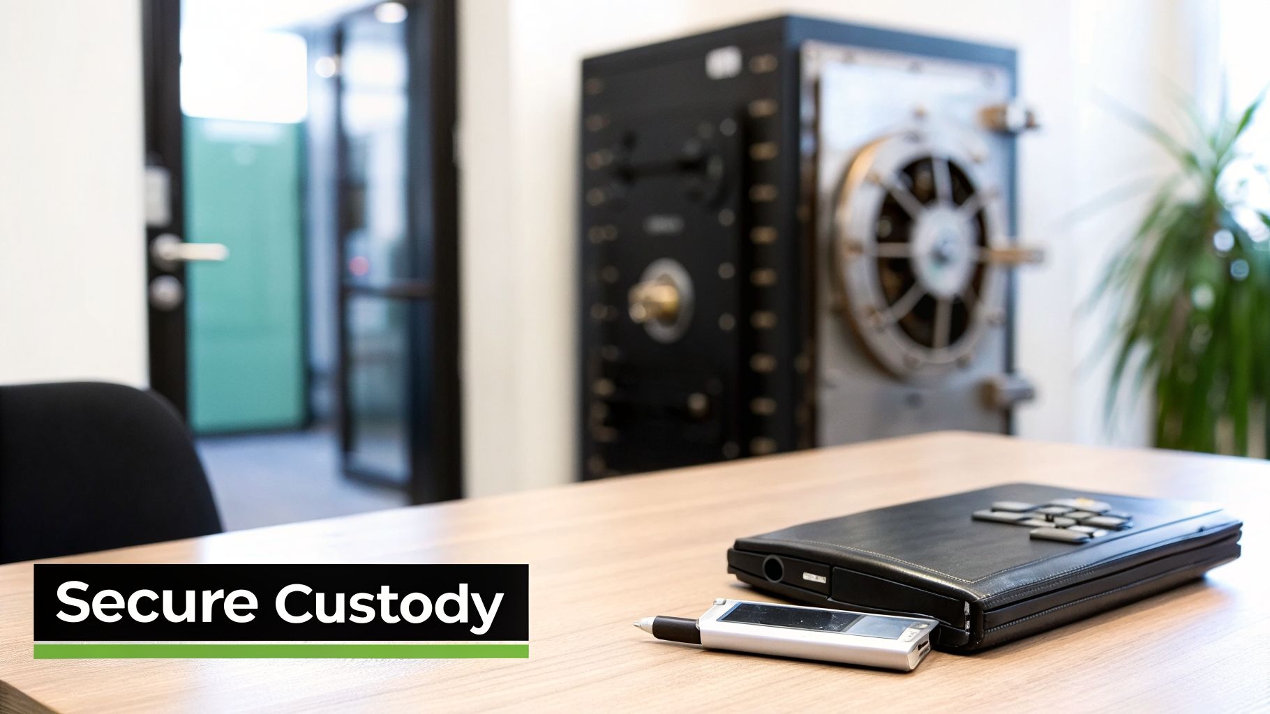 A wooden desk with a black folder and digital pen, in front of a large, secure vault, symbolizing secure custody.