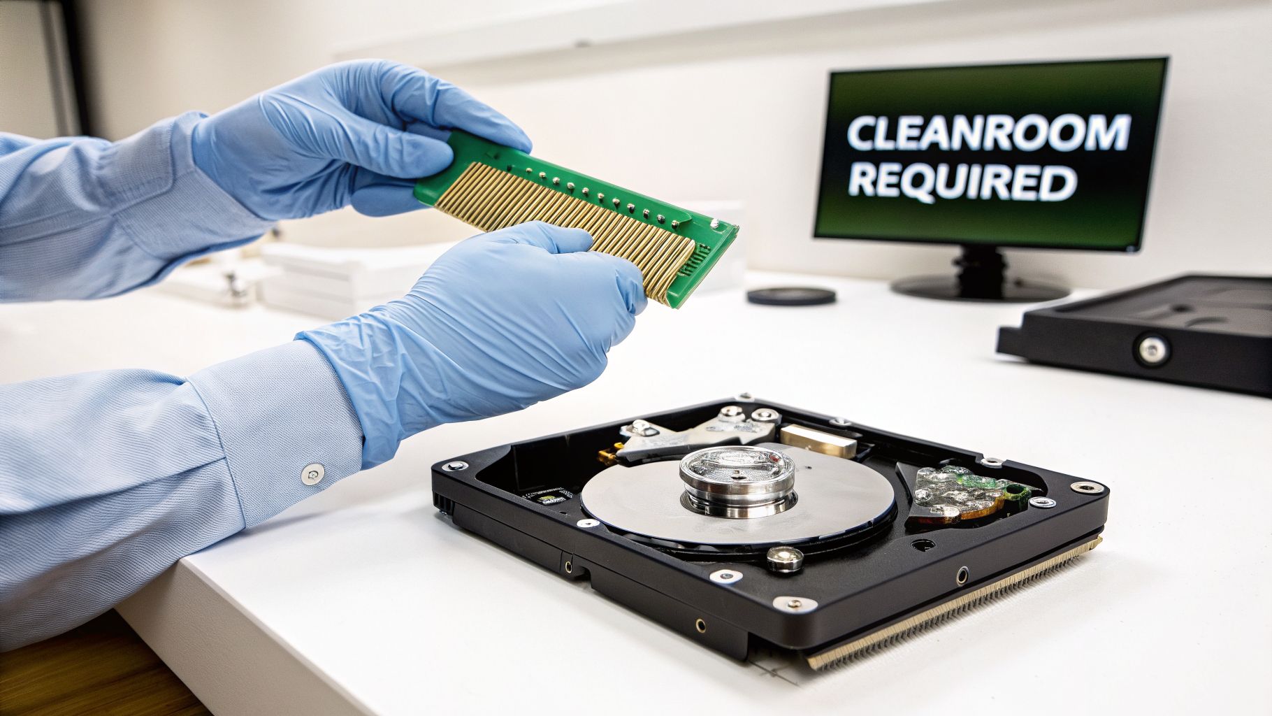Gloved hands hold a circuit board over an open hard drive with a monitor displaying 'CLEANROOM REQUIRED'.