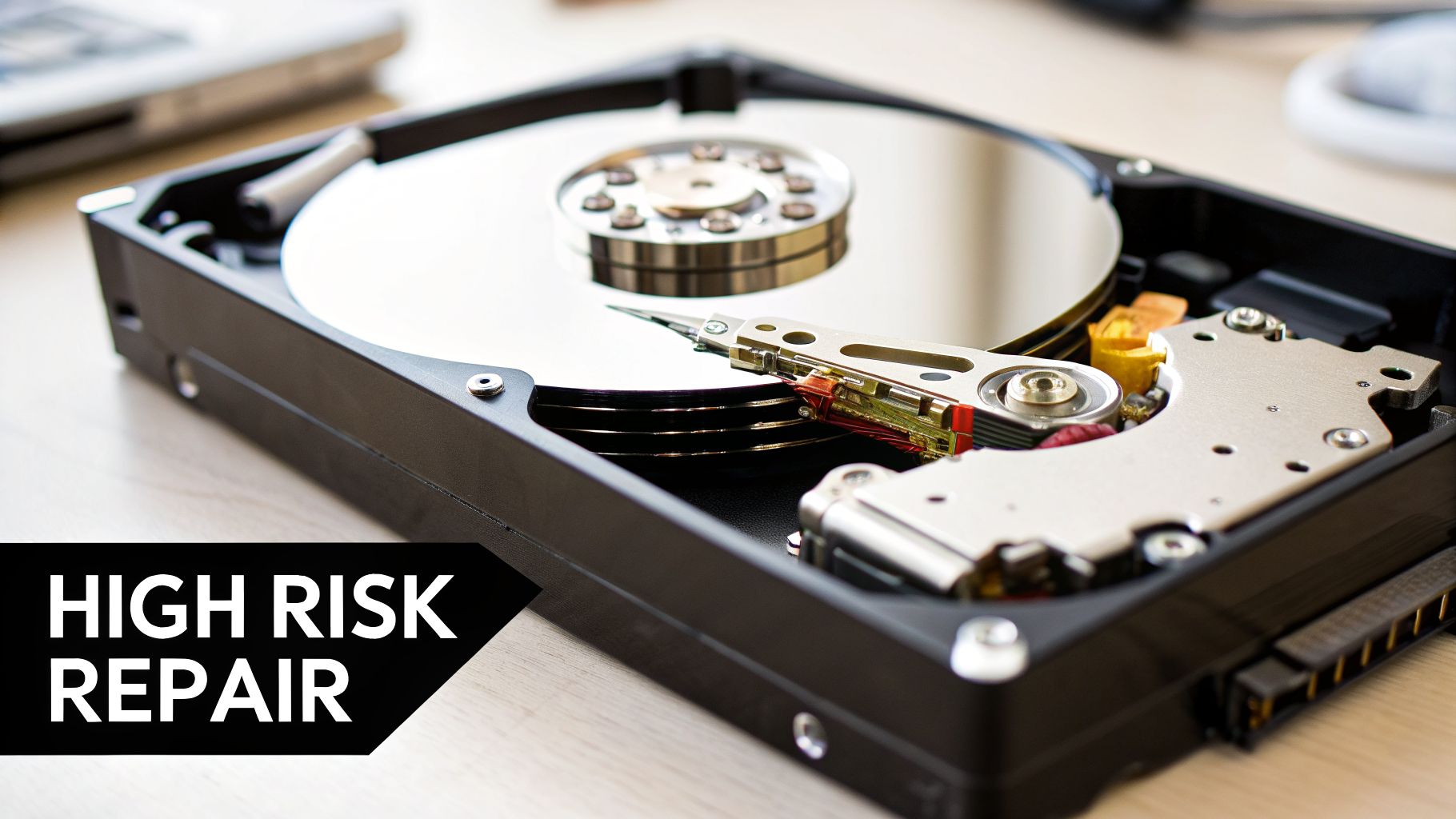 Close-up of an open hard drive with exposed platters and read/write head, indicating 'High Risk Repair'.