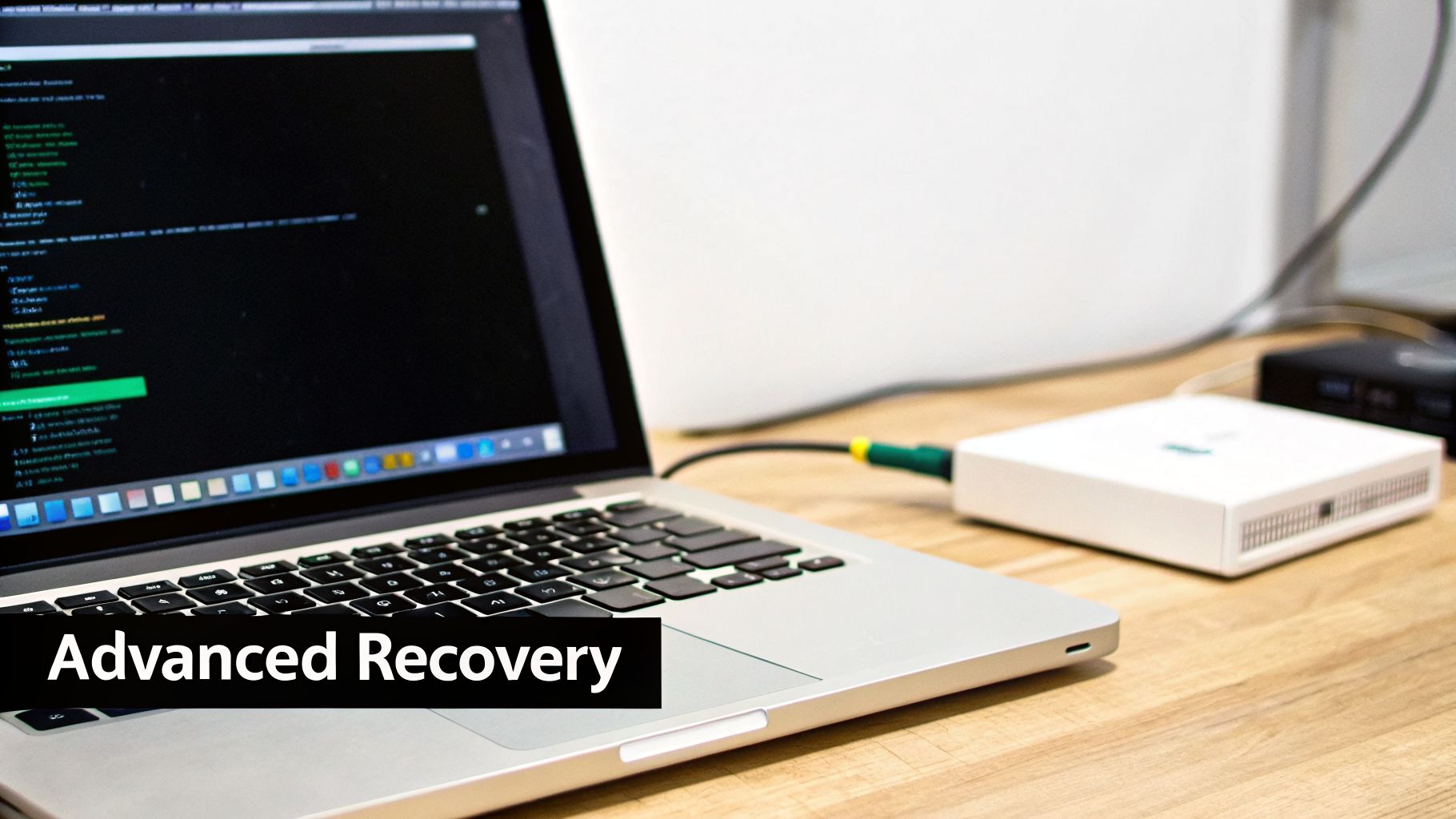 A laptop displaying code on its screen, connected to a white external device on a wooden desk.