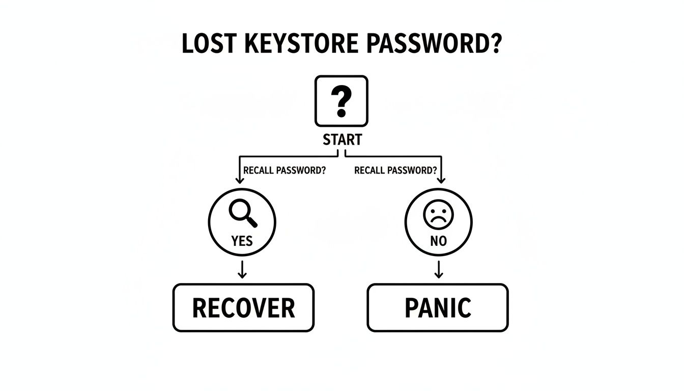 Flowchart for lost keystore password: "START" leads to "RECALL PASSWORD?", then "YES" to "RECOVER" or "NO" to "PANIC".