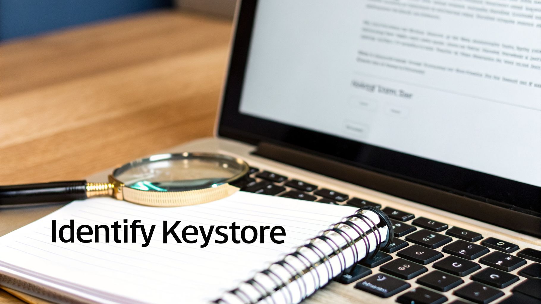 Magnifying glass and notebook with 'Identify Keystore' text on a laptop for research.