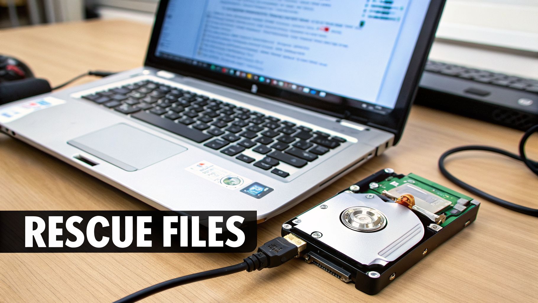 A silver laptop connected to an exposed hard drive with a cable on a wooden desk, symbolizing data recovery.